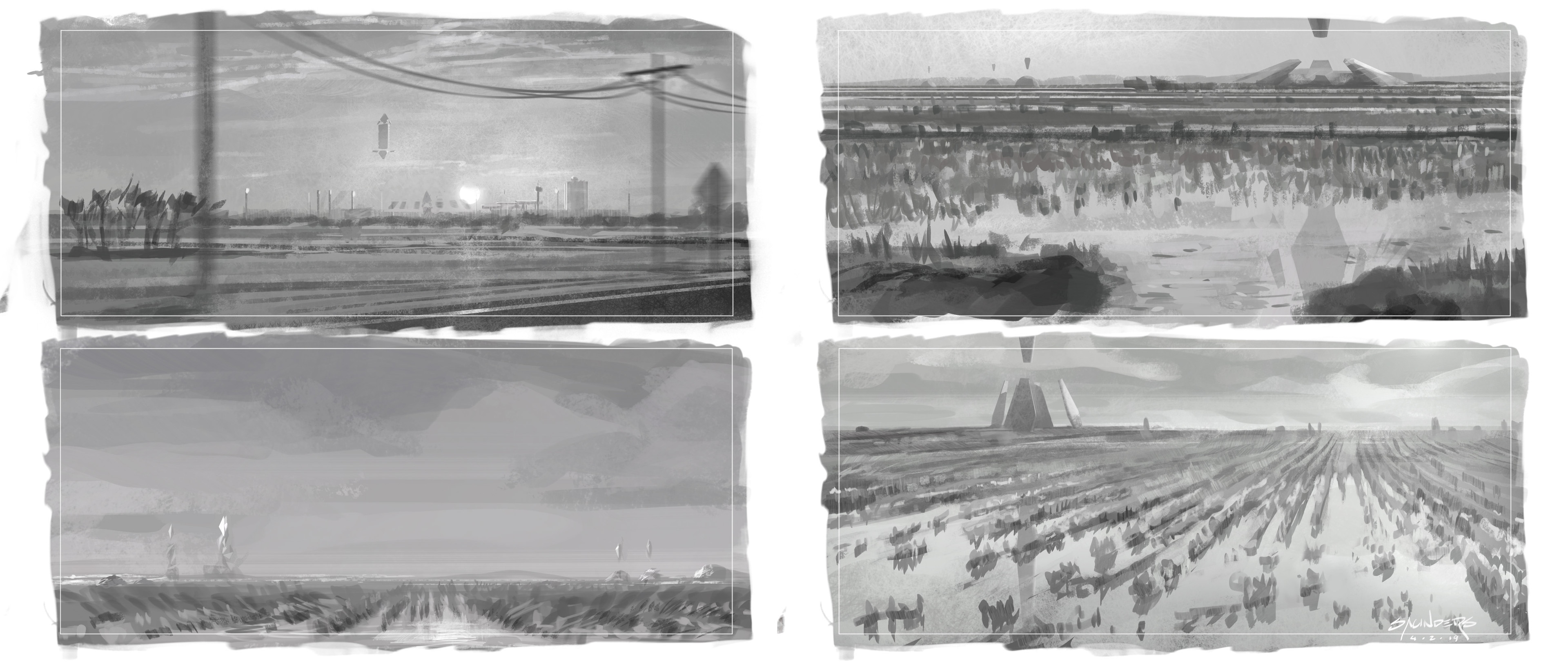 More thumbnails, this time focusing on the landscape, with the alien structures incongruously contrasted in the distance. 