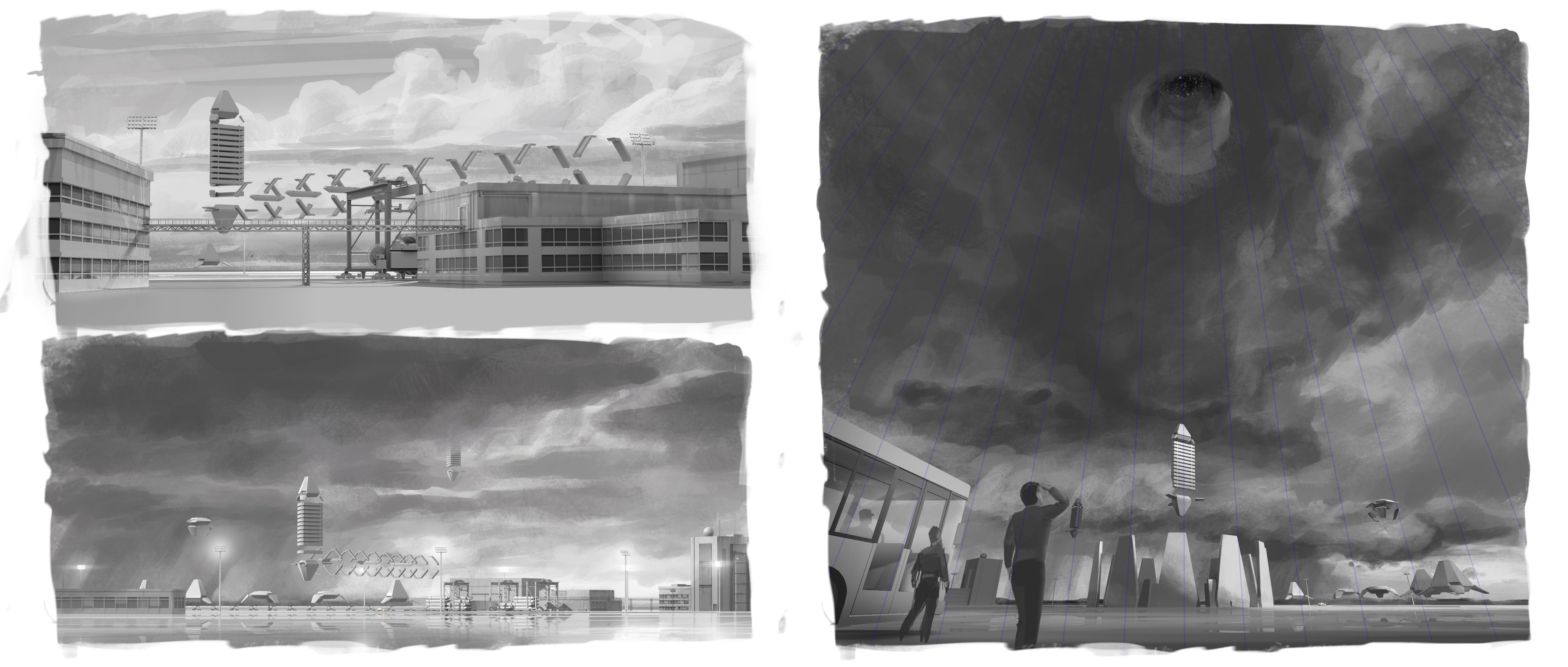 Some thumbnails, including an earlier one for the previous shot with a wider lens. The director preferred something longer and more placid for the final shot, which contrasts the  horizontal of the lower frame to the dynamics of the sky. 
