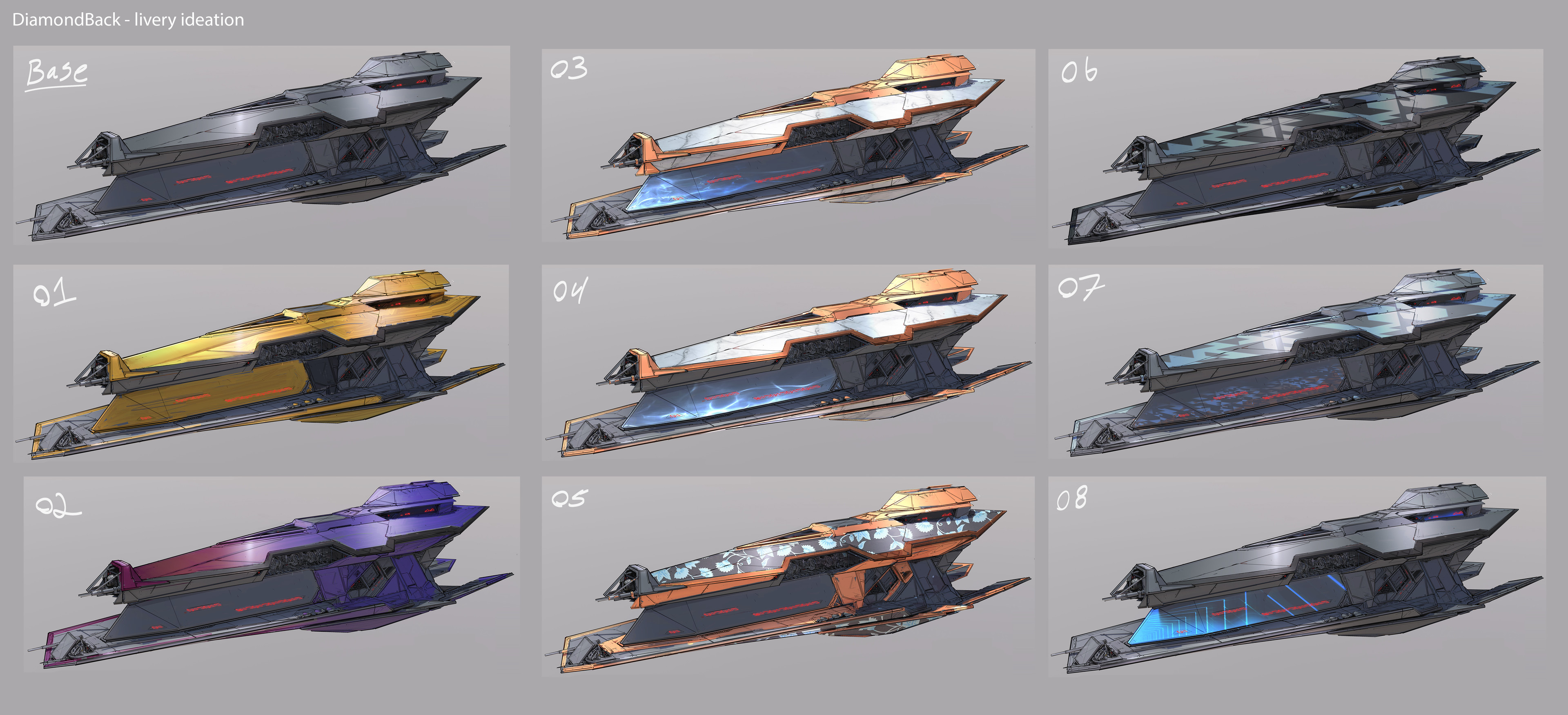 A first quick ideation of what 'liveries' or skins could look like on the Diamondback ship. This was also meant to help Tech establish boundaries for the ship shader system and how UVs would be handled.