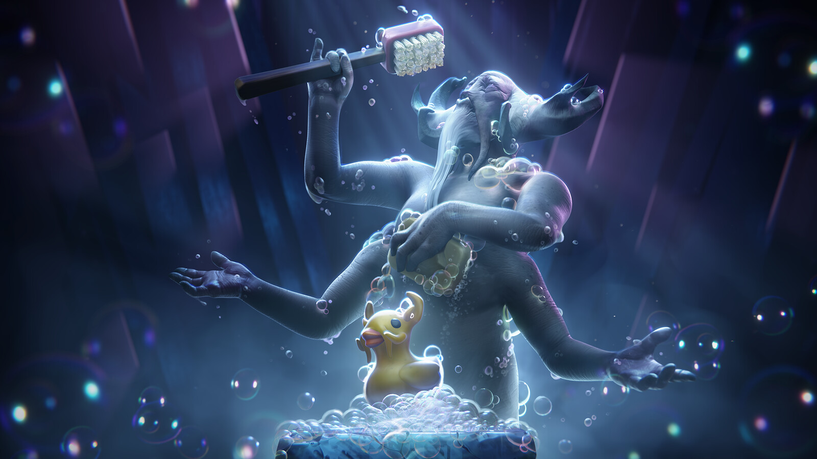 Bath-time Aghanim Loading Screen!
Body model, sculpt, and materials by Tim Brown Lees
Brush, Ducky, Soap, and Bubbles by me! 
Designed by Jackie Whisler
Additional Loading Screen bubbles by Ethan Simon-Law
Rigging and original head model by Valve