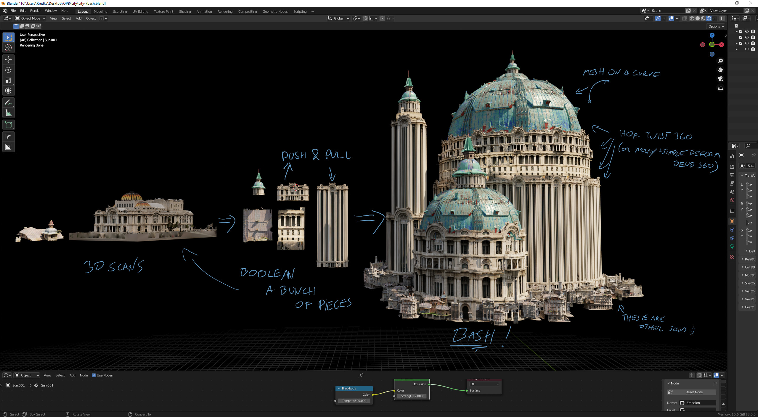 workflow tip #1 - link to the scan: https://sketchfab.com/3d-models/palace-of-fine-arts-photogrammetry-aerial-5eb98df6ad204542af3054071e3c4883 also tweak the textures!
