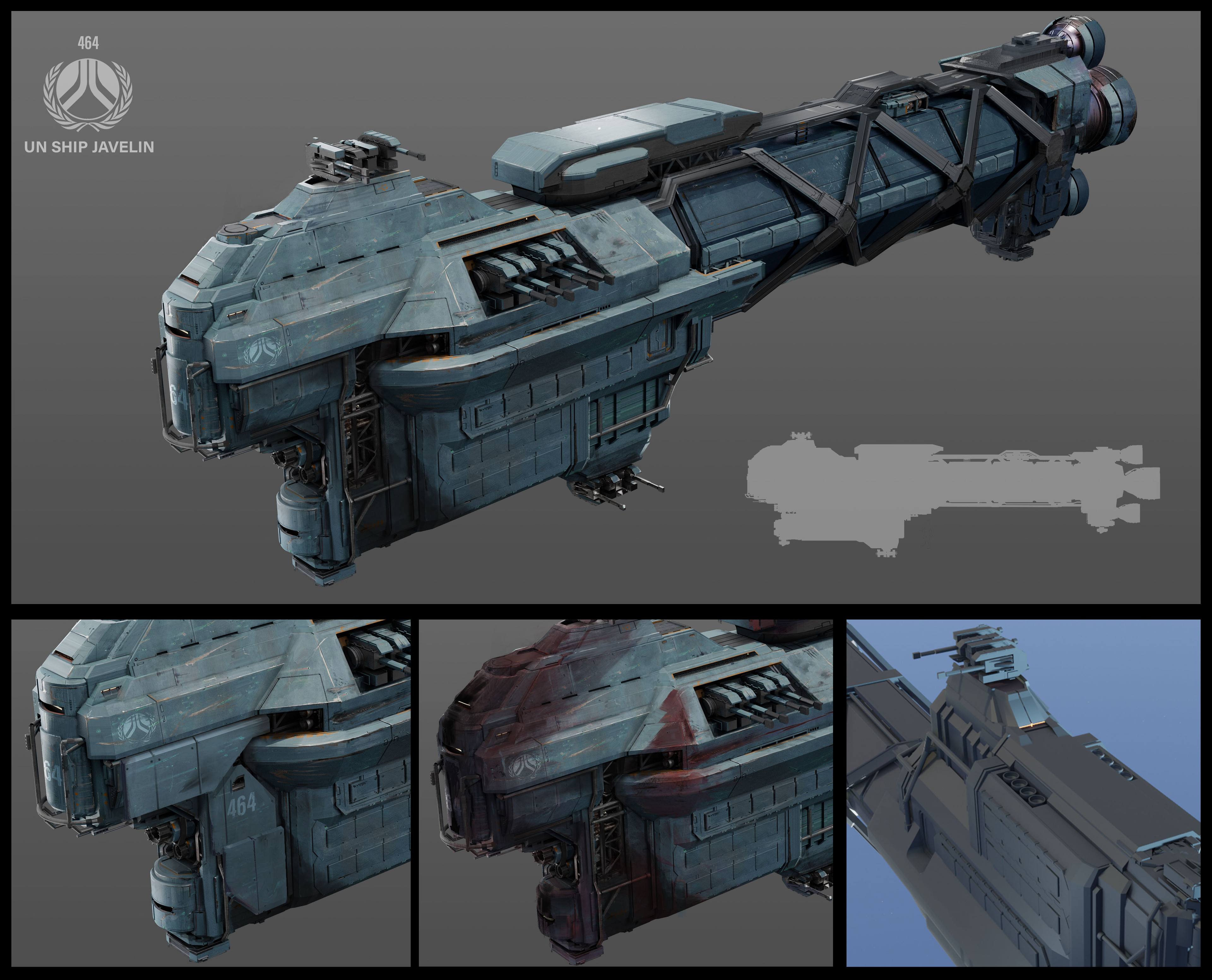 Base materials concept for the Javelin ship that I designed. It's meant to look like an armored flying bunker, additional protective plates break off of the ship during combat.