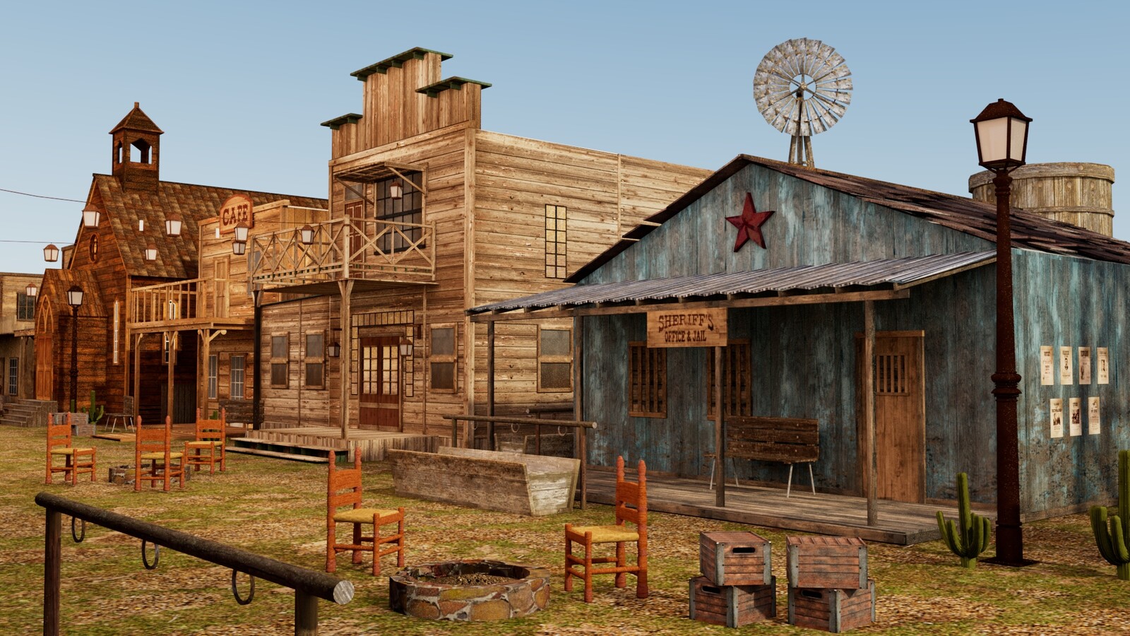 (left to right)
Church, saloon, sheriff's office.