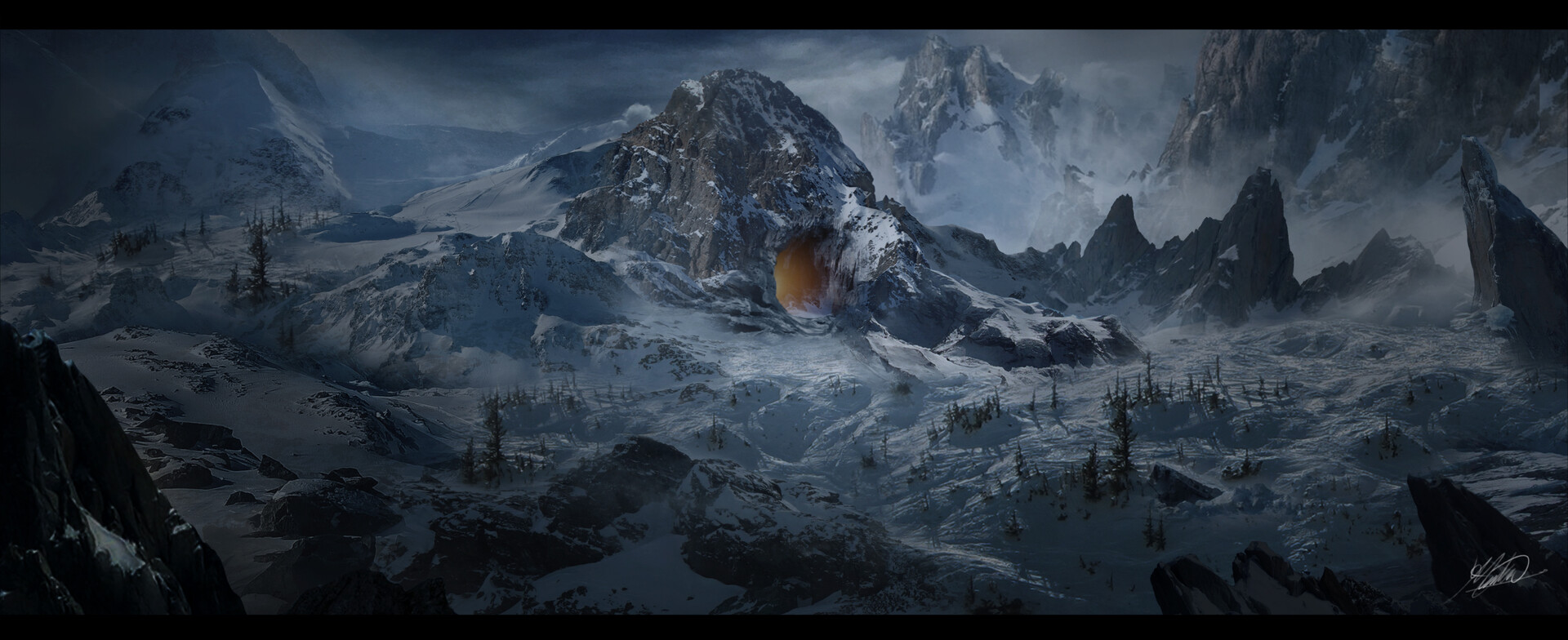 ArtStation night snow mountauin cave
