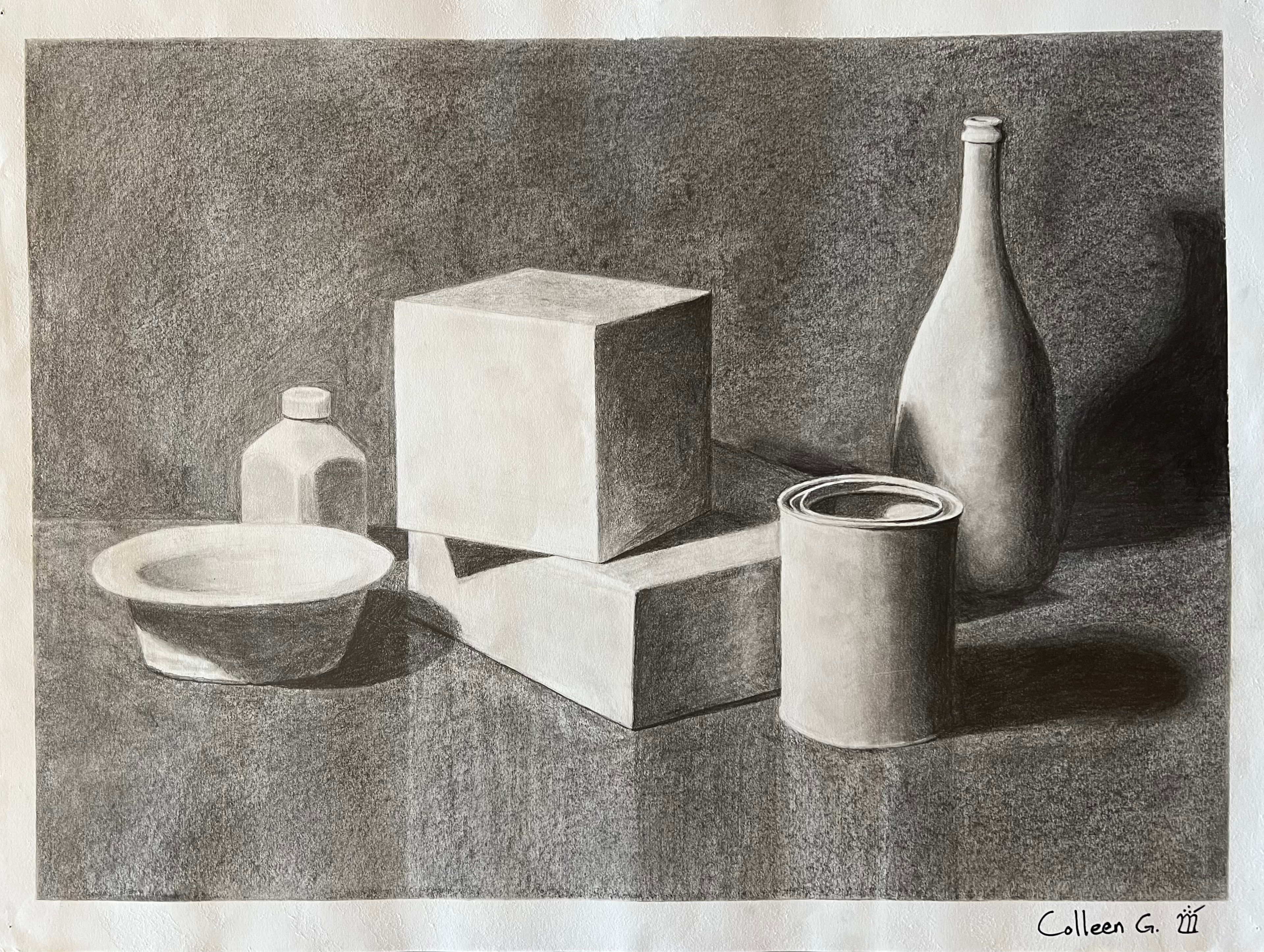 My first official piece from this course. This still life was done entirely in graphite.
No idea how long this took. Upwards of 8-10 hours? I can't remember.