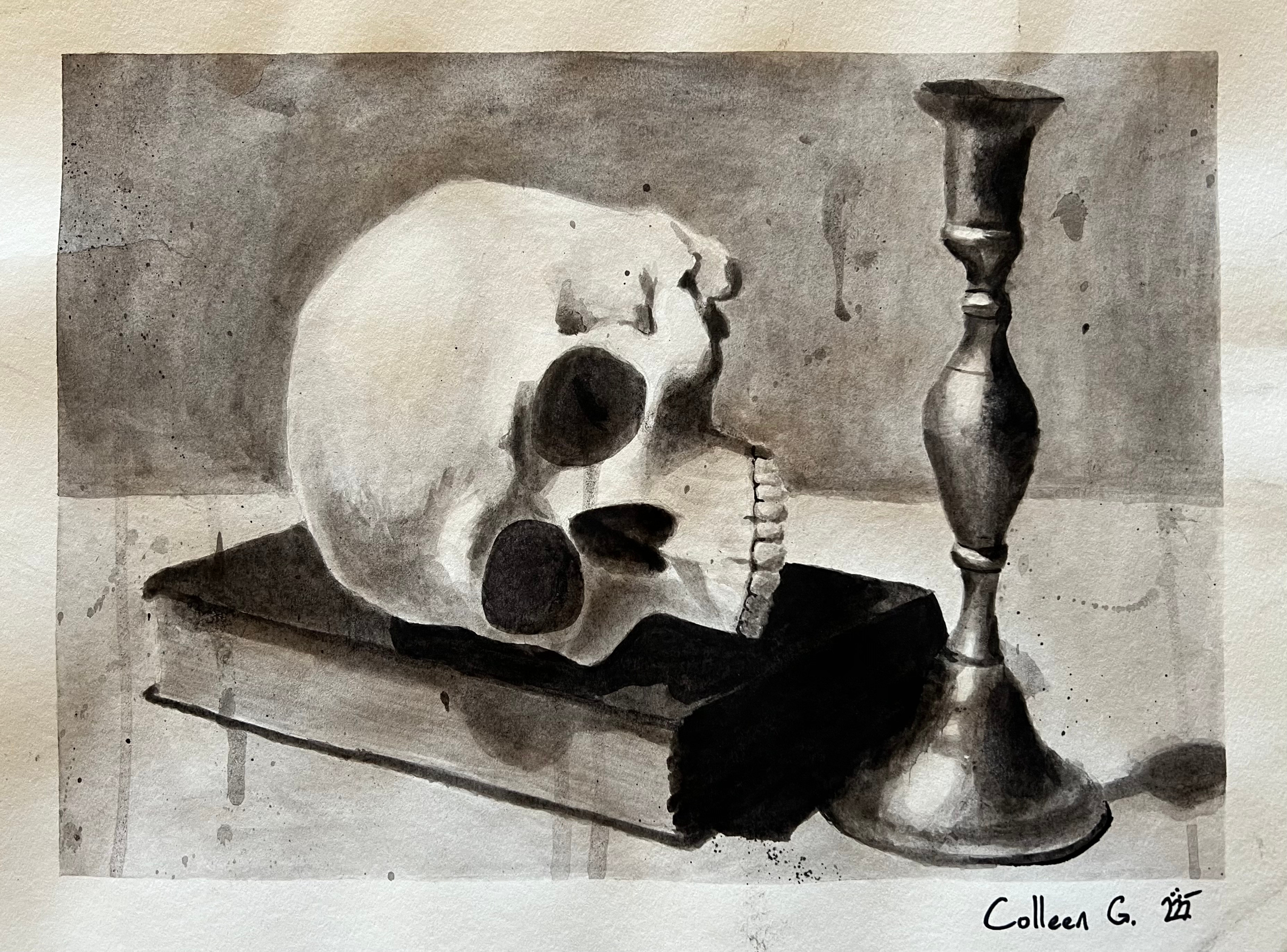 The only long-form project done in ink! My professor likes skulls. Used a brush, ink, and a pencil for the initial sketch. 
Time: 8 hours (ish?)