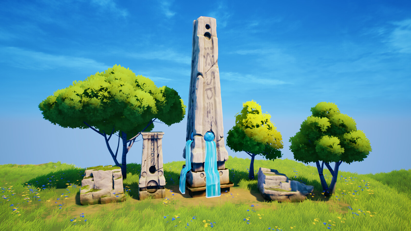 Sculpted ruins and rocks. Speedtreed trees.