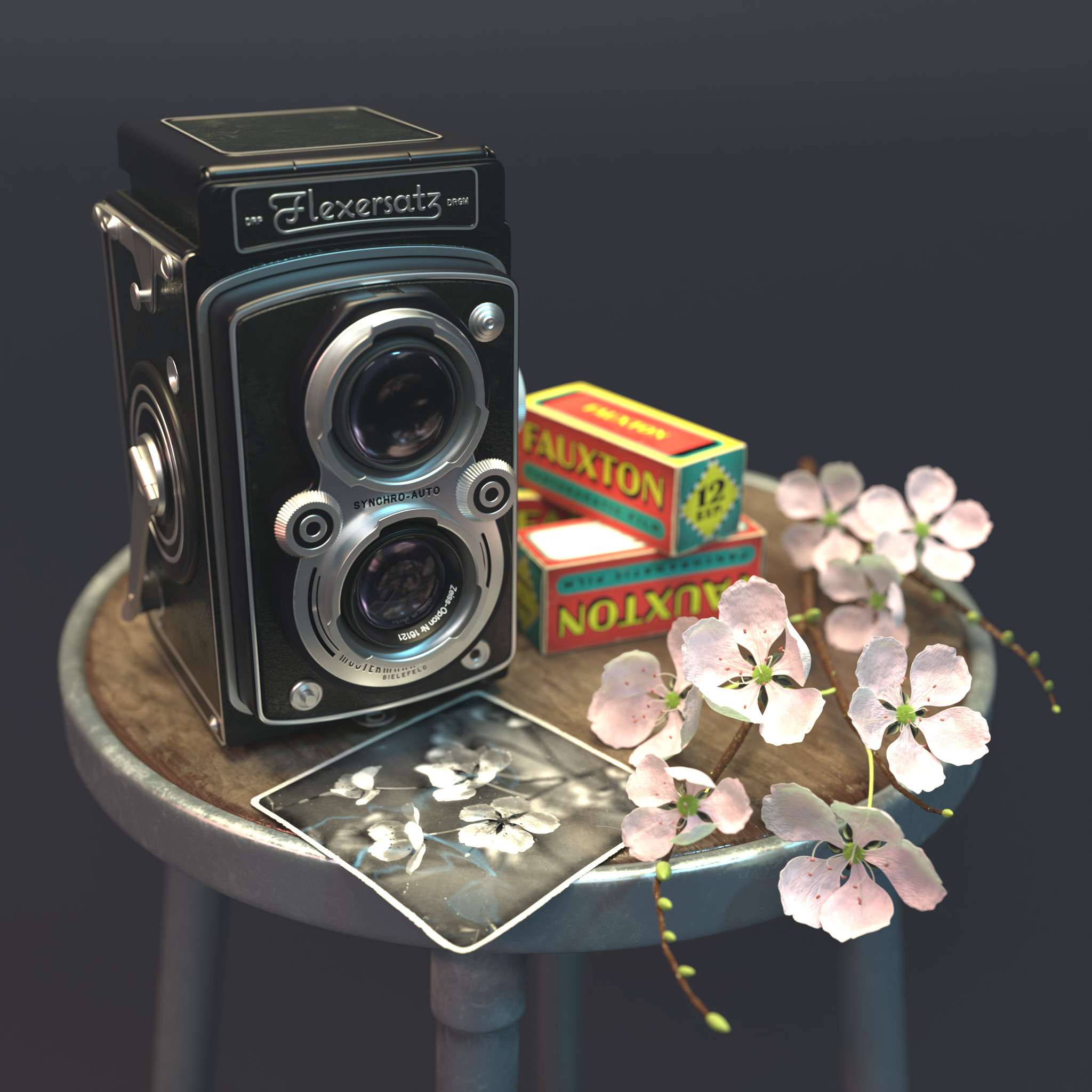 Still life with camera, film, and flowers. Rendered with Cycles.