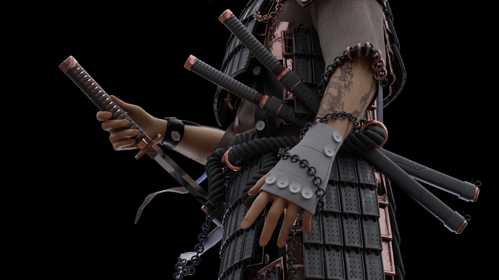 Close-up of the arm with tattoo and daggers