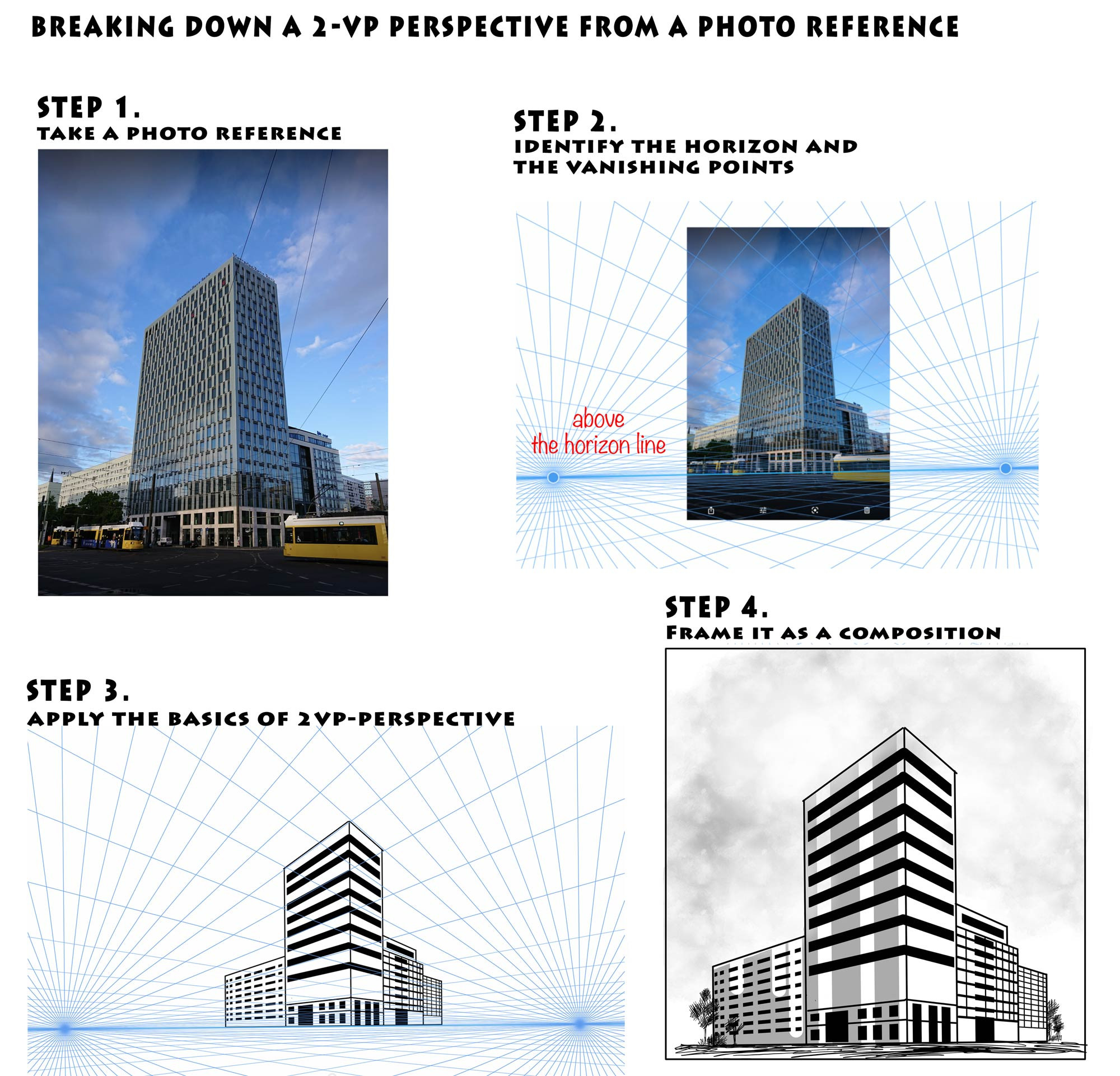 The drawing rules for Two Point Perspective are very similar to One Point Perspective meaning that we construct the drawing using vanishing points placed on the Horizon Line.