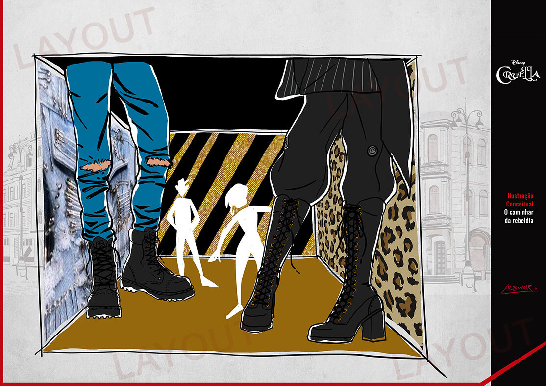 Layout of an internal environment with gigantism, showing fabric textures and rebellious fashion, highlighting the SIZE of rebellion in this film... Not building.
