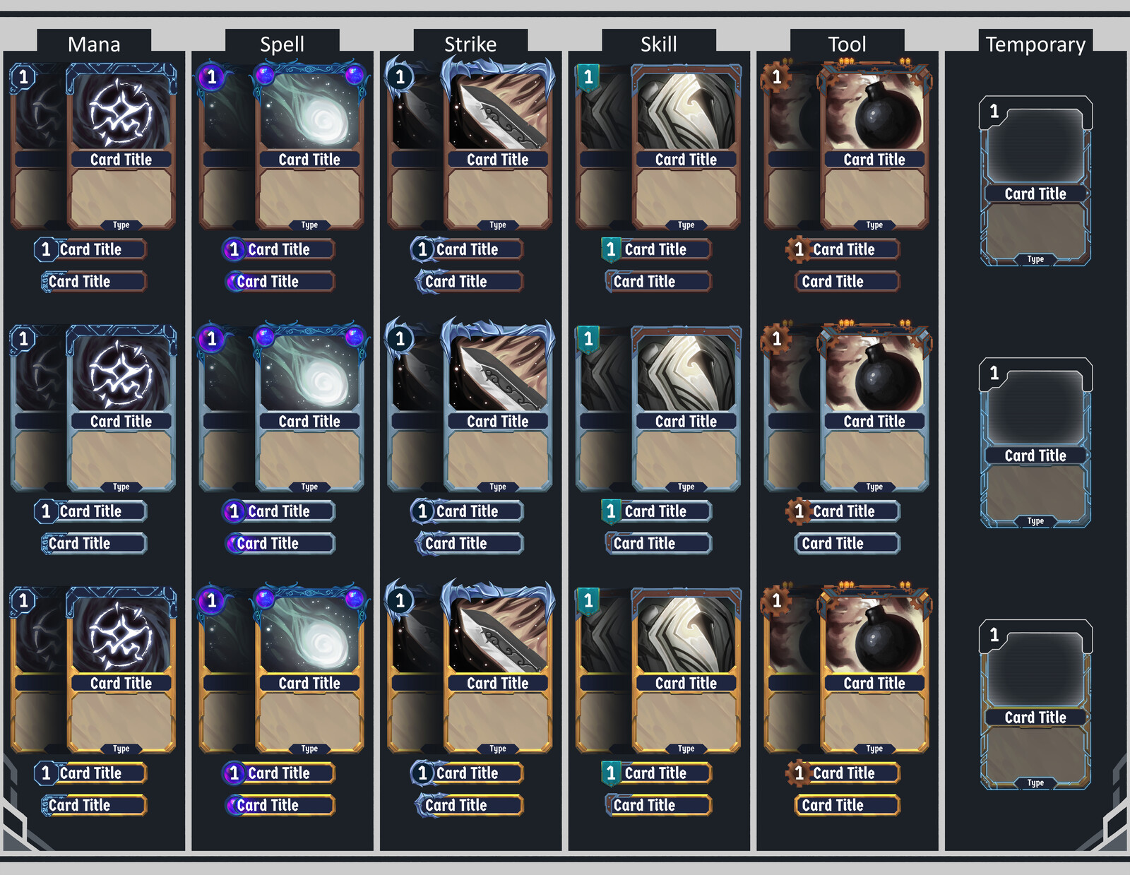 Card fronts finalised, showcasing all possible variations of the art. Temporary cards can be of any card type (mana, strike, spell, skill and tool)