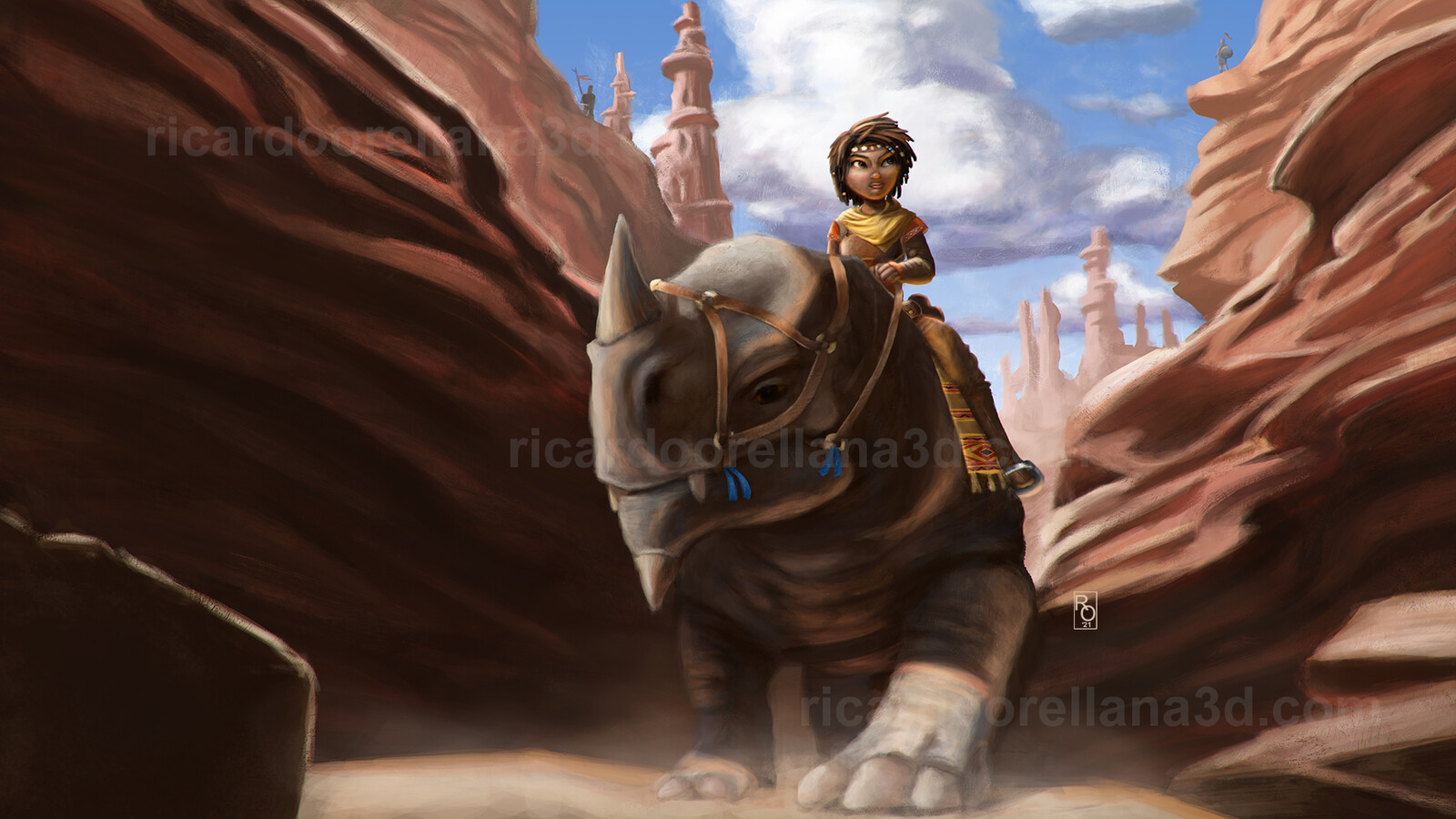 The original prompt: "A nomad traveler, mounted on her beast, is crossing an uncharted canyon but is aware she's being watched." 
