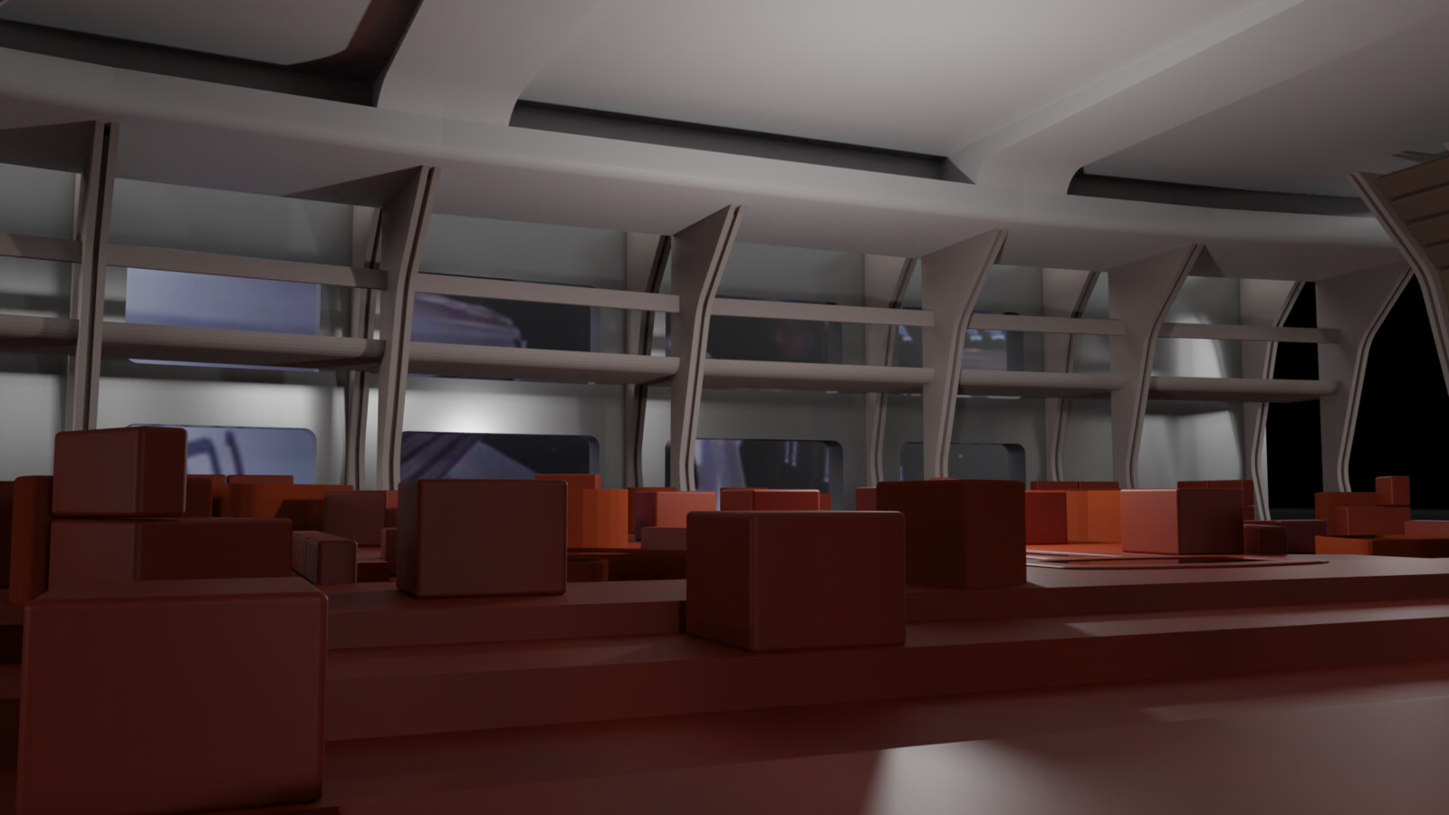 Here is a render showing the initial state of the upper walkway along the outer hull and the windows. it also has the first iteration of the  cieling.