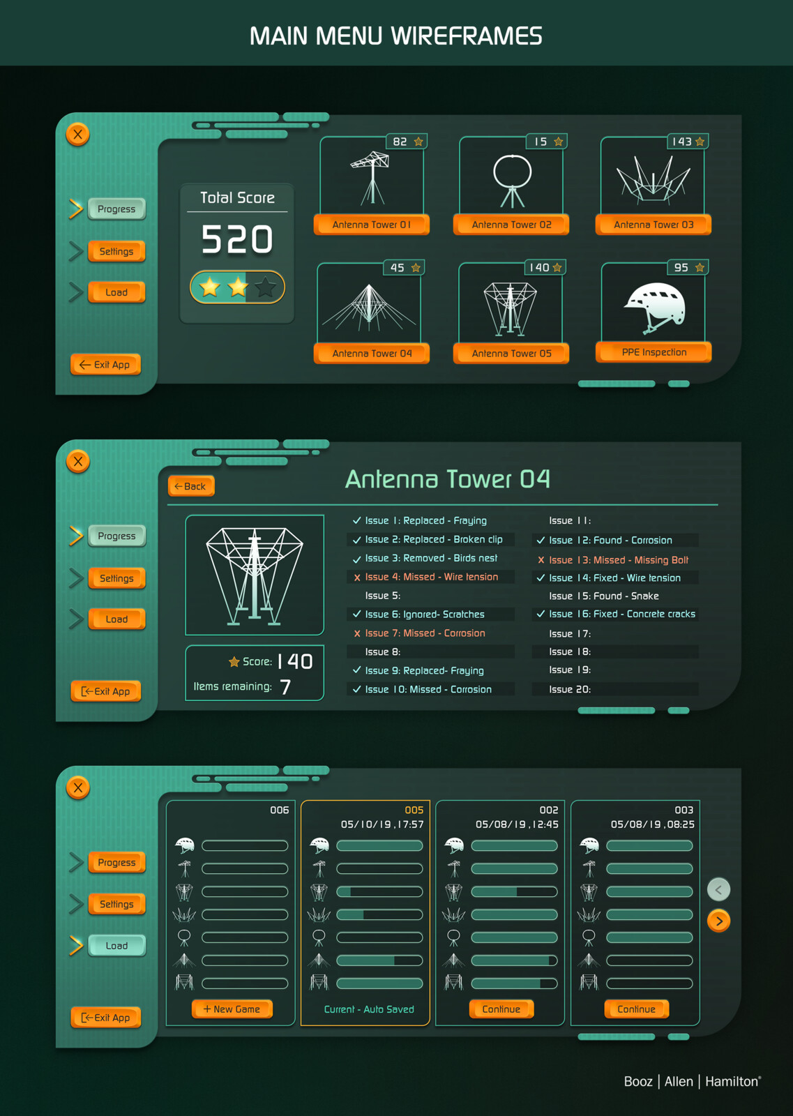 High fidelity main menu wireframes