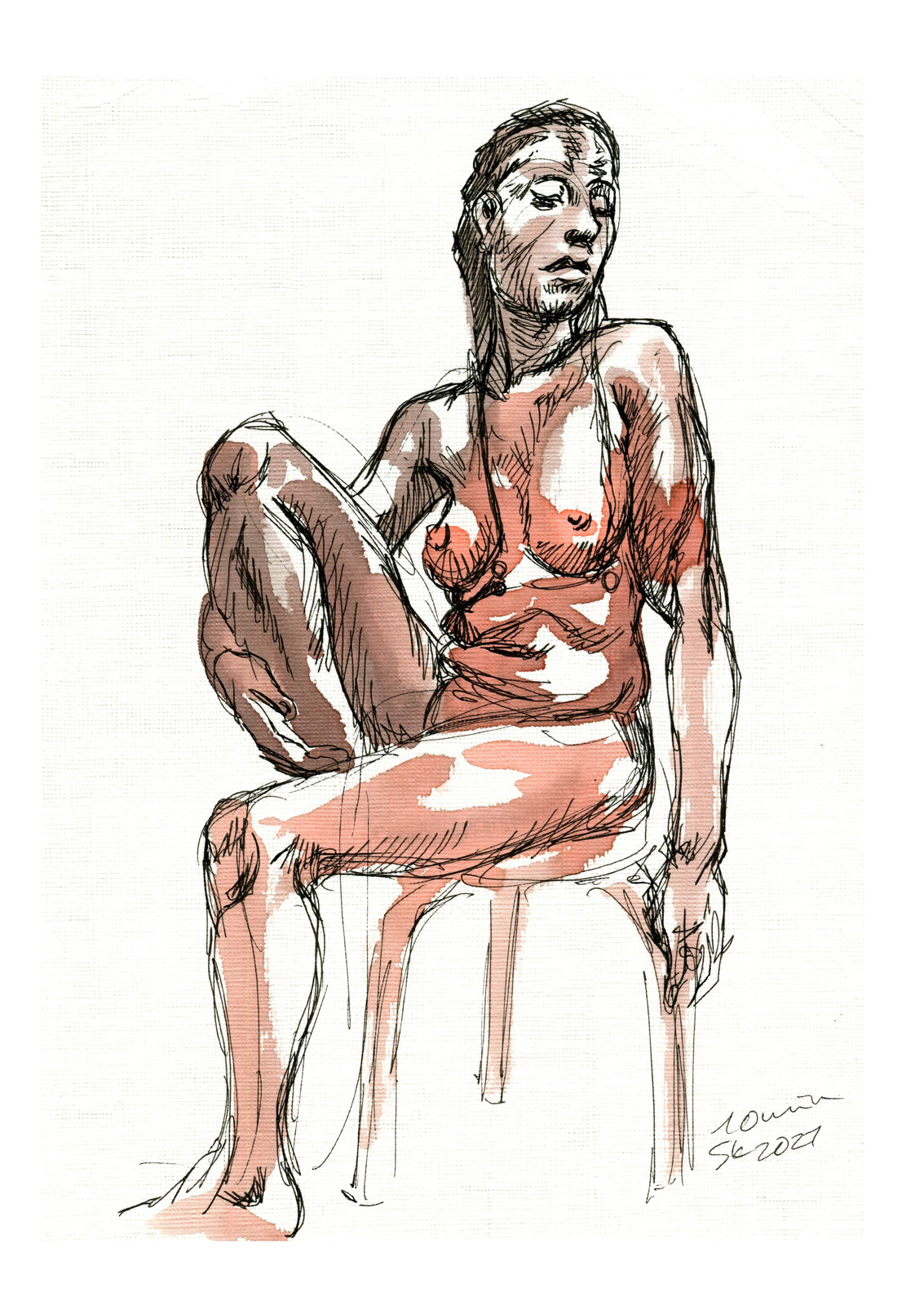 Model Deandrea in ink and Ecoline watercolour on an acrylic linen surface.