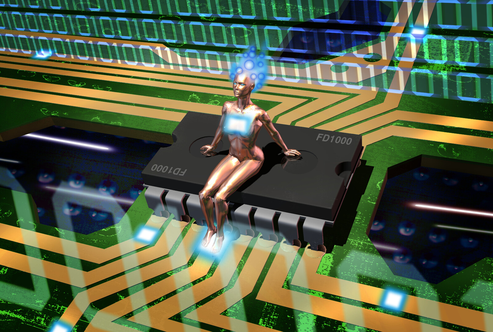 One of my early Digital artworks. High-tech Bench was created in July 2000. It's like the birth of the AI resting and sitting on a computer chip finding its moment to shine.
