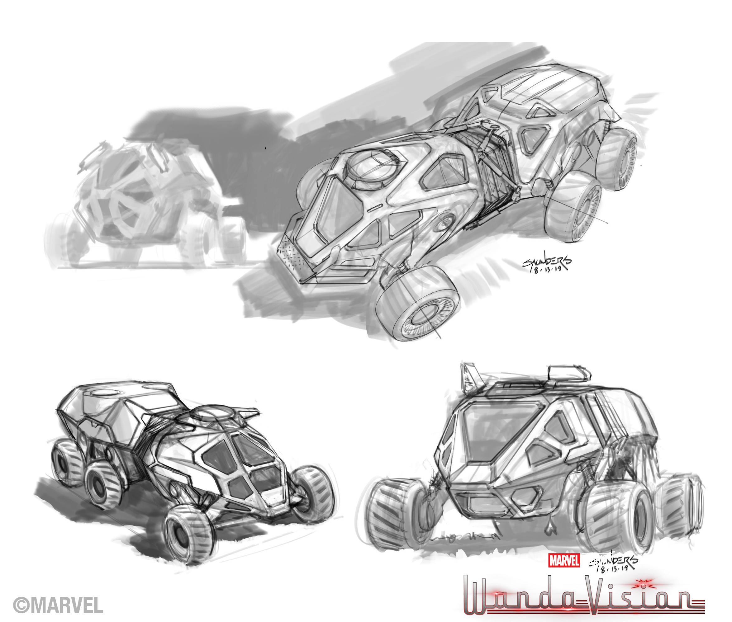 Early sketches to work out a design for the keyframe. The final design from the art department ended up far simpler, without the need for articulation, and was more of a flatbed rather than a mobile lab. 
