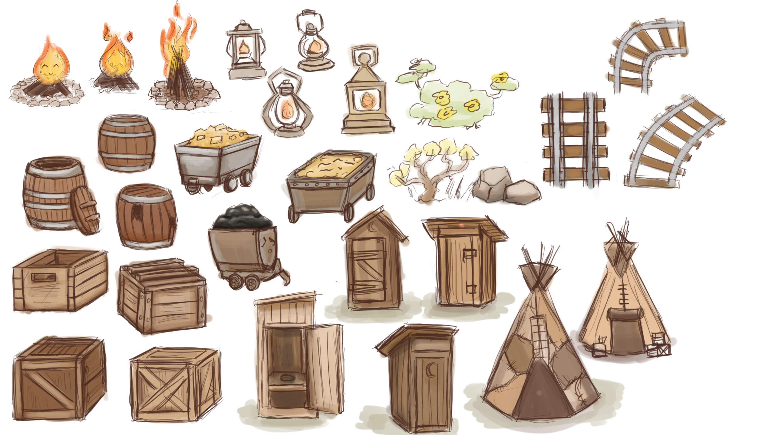 Initial sketches, just planning out how I may approach some designs for the assets