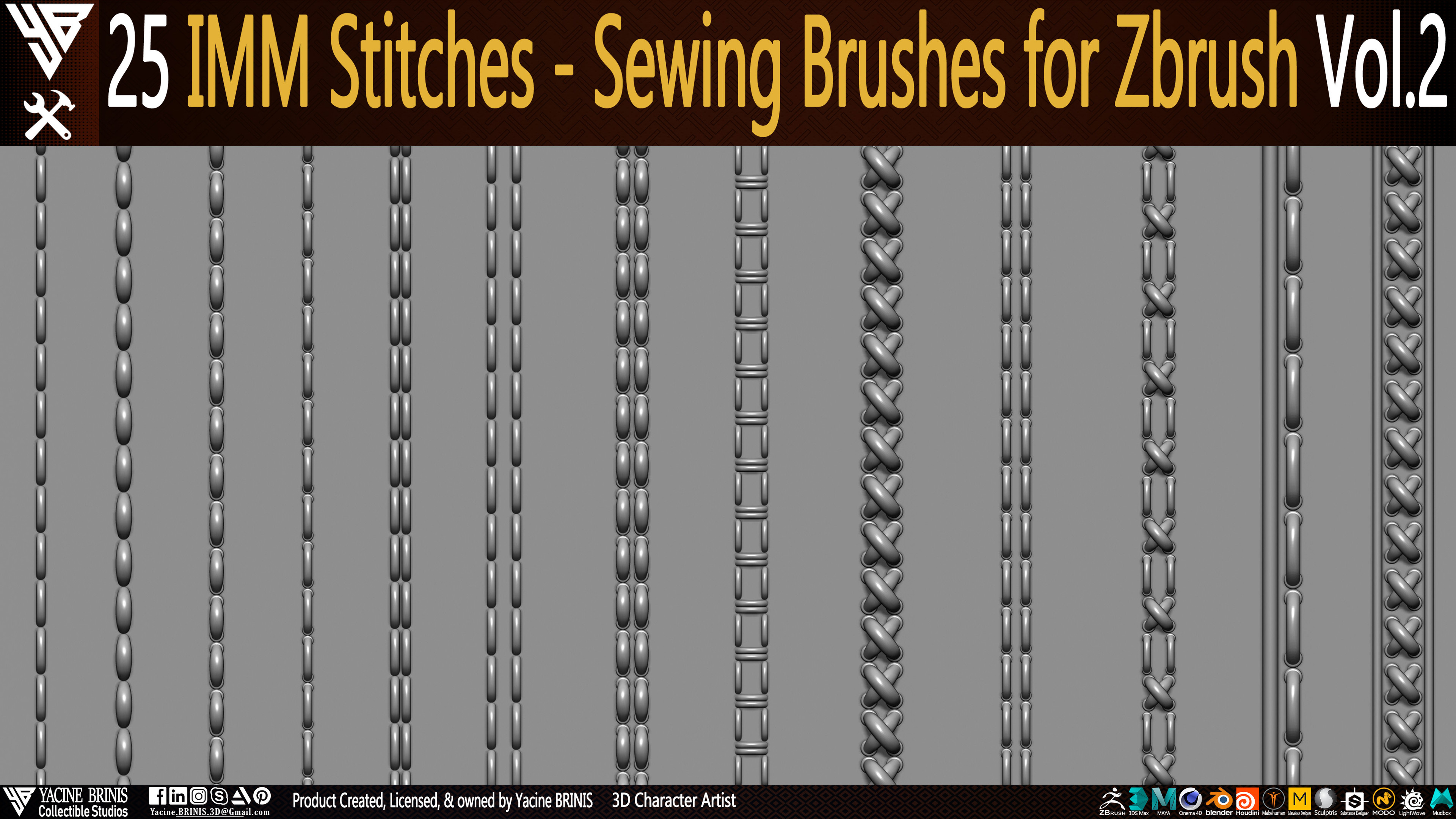 25 Stitches sewing Brushes for ZBrush Vol 2 Set 01