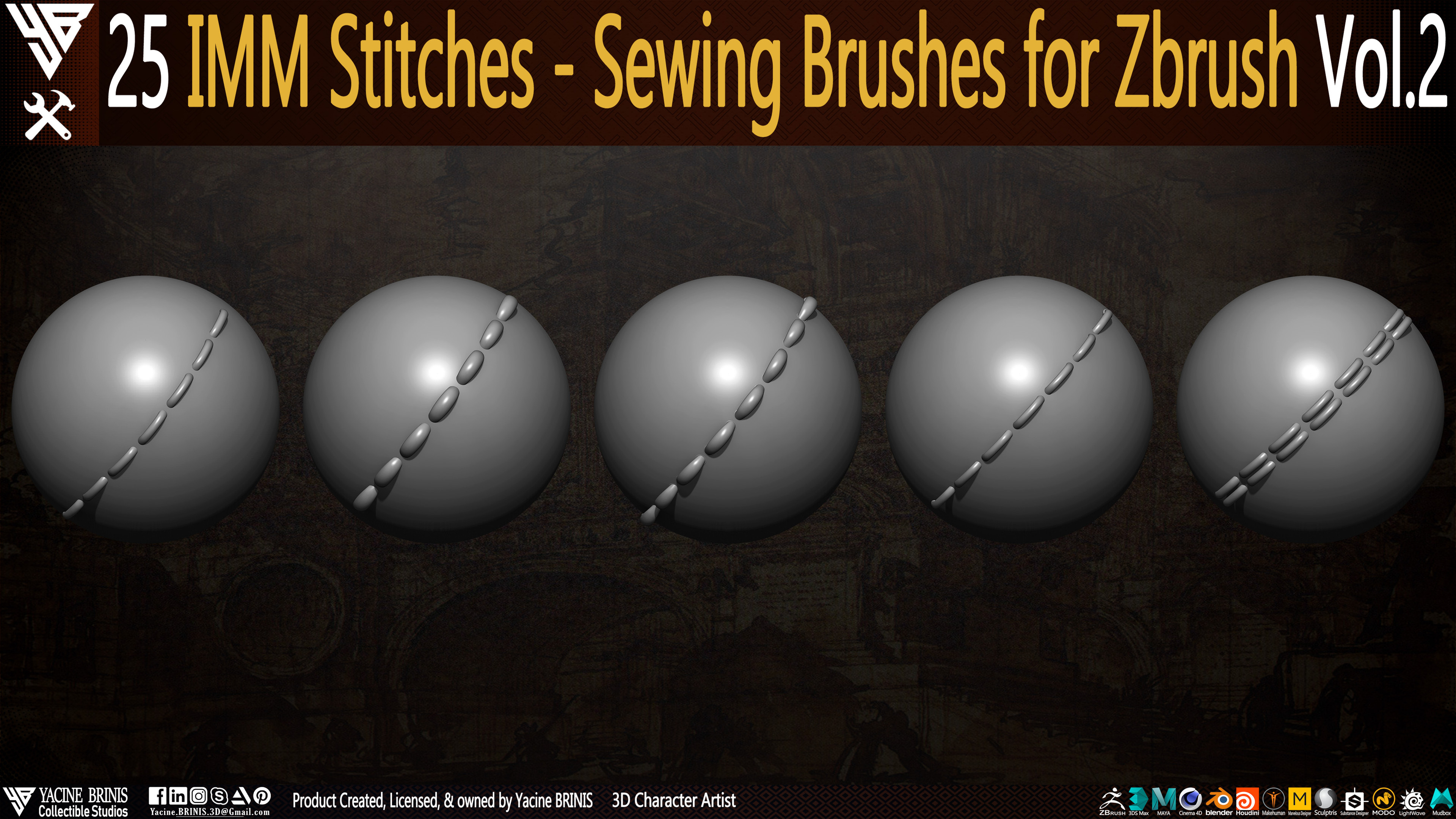 25 Stitches sewing Brushes for ZBrush Vol 2 Set 02