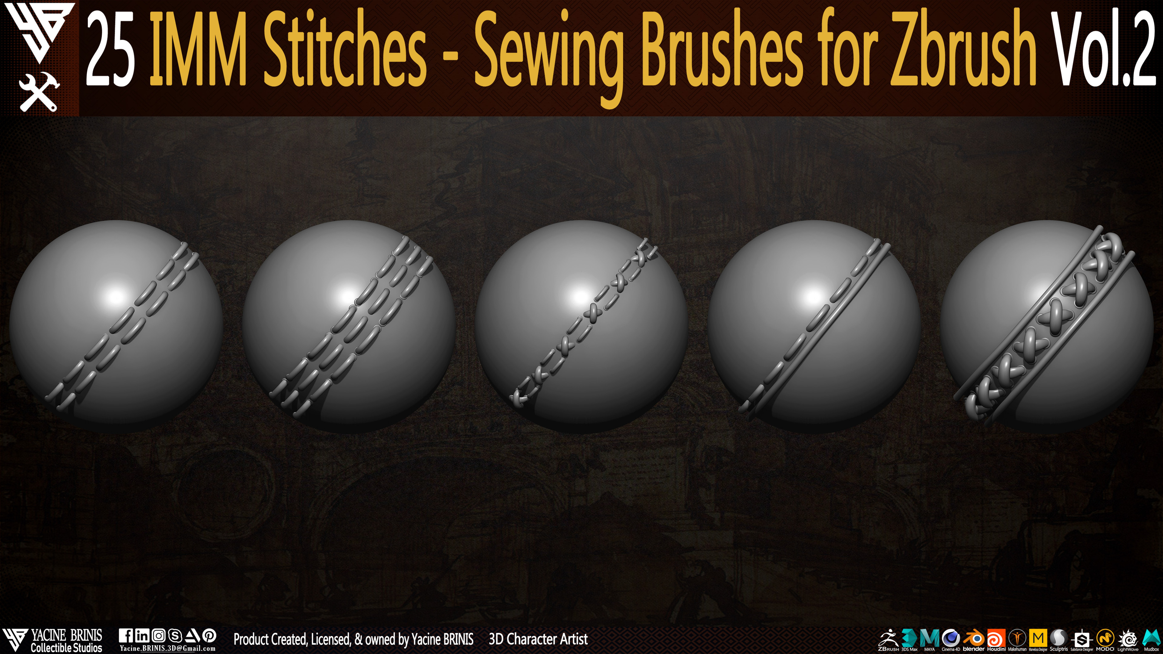 25 Stitches sewing Brushes for ZBrush Vol 2 Set 03