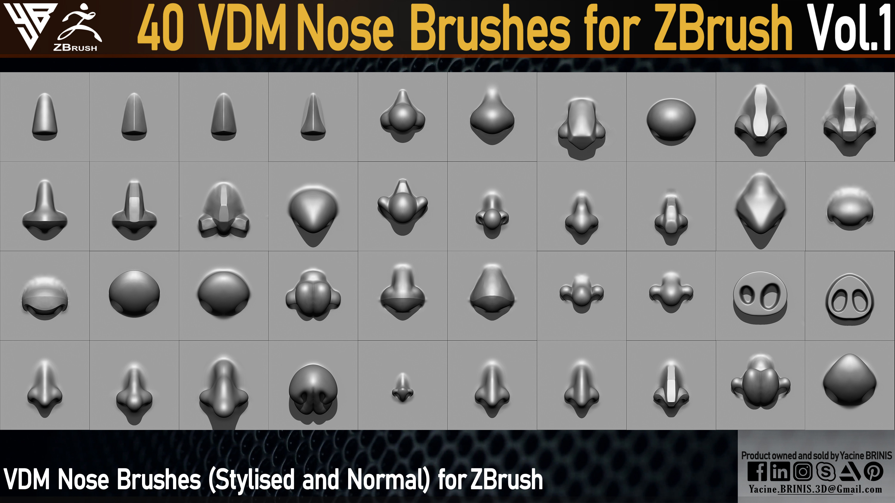40 VDM Nose Brushes for ZBrush Vol 01 (Stylised and Normal) by Yacine BRINIS Set 02