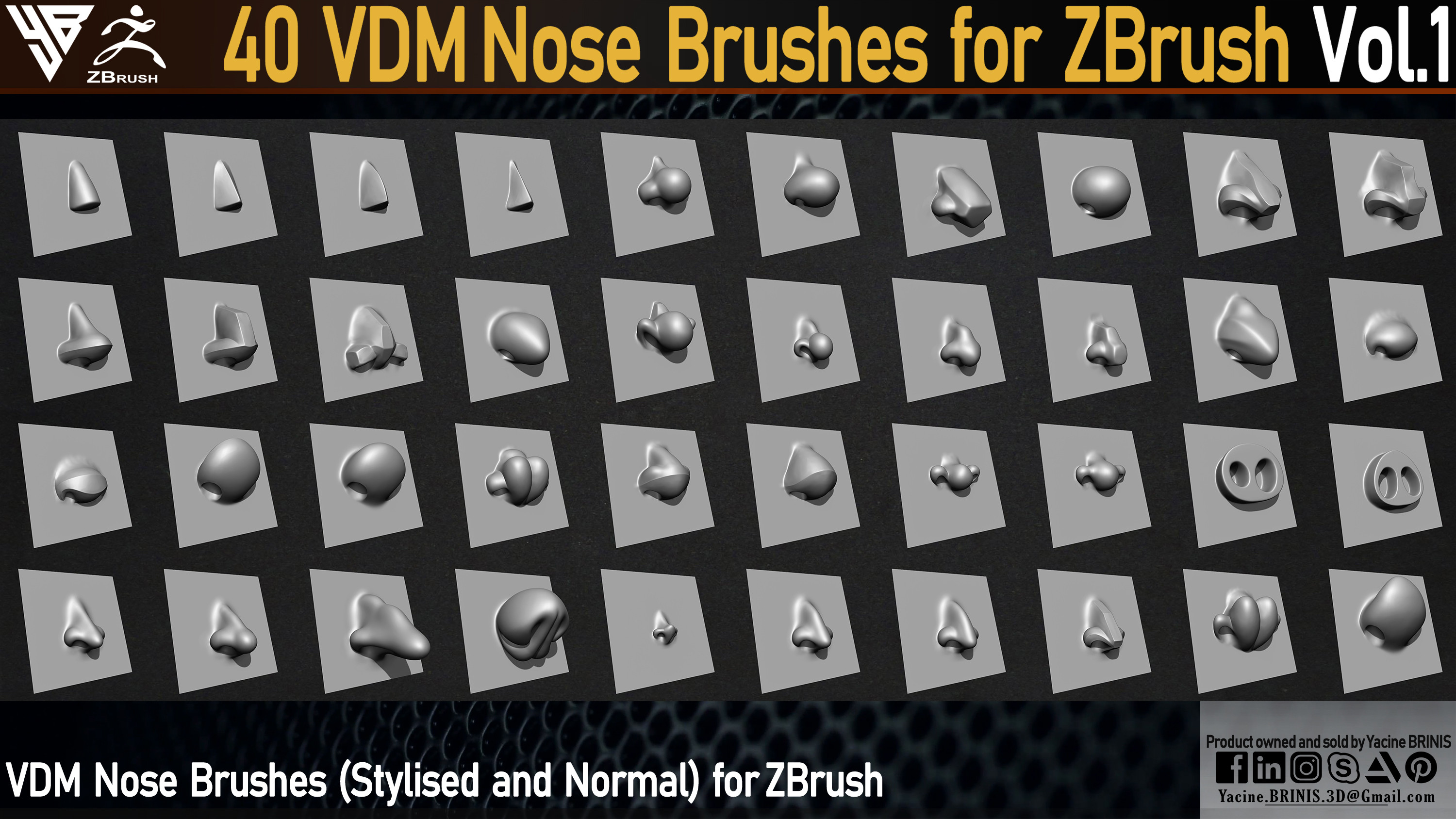 40 VDM Nose Brushes for ZBrush Vol 01 (Stylised and Normal) by Yacine BRINIS Set 03