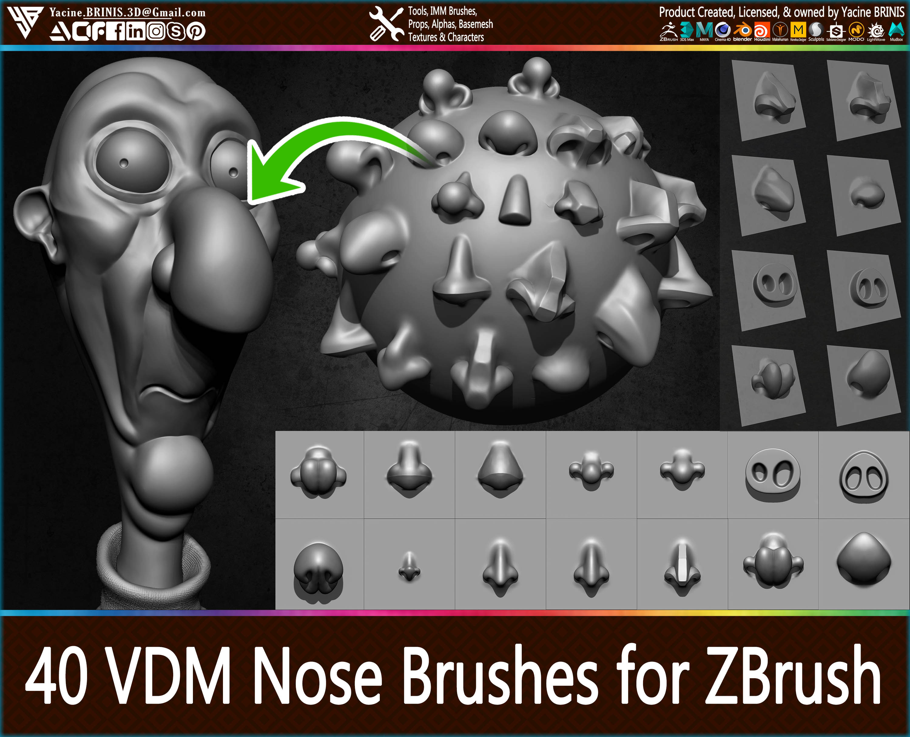 40 VDM Nose Brushes for ZBrush Vol 01 (Stylised and Normal) by Yacine BRINIS Set 08