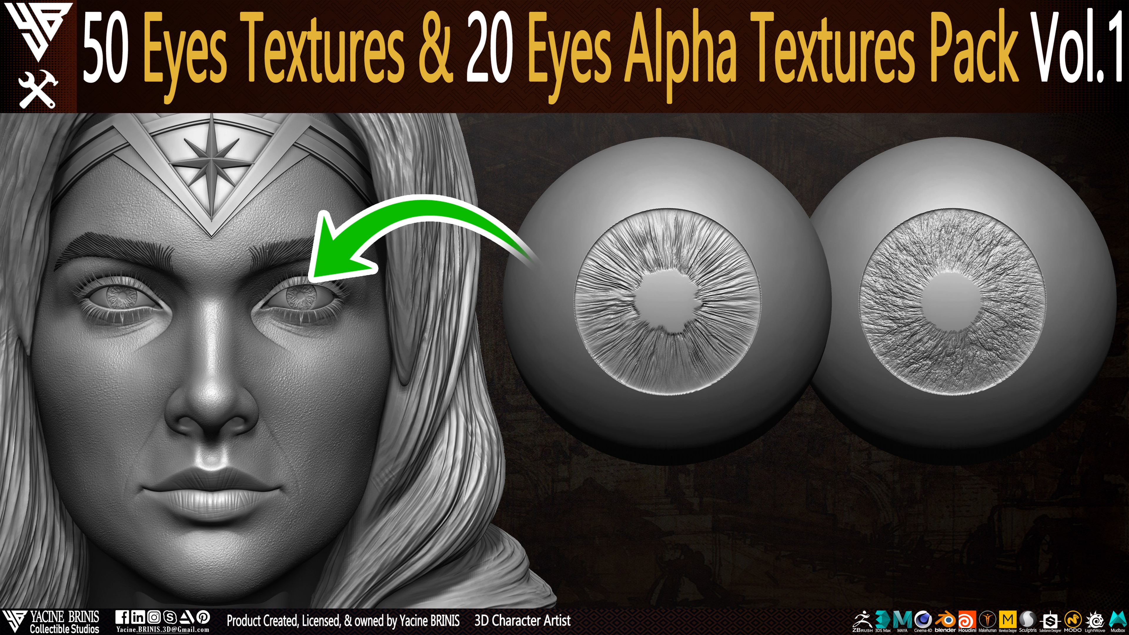 50 Eyes Textures and 20 Eyes Alpha Textures Pack Vol 01 sculpted by Yacine BRINIS Set 02