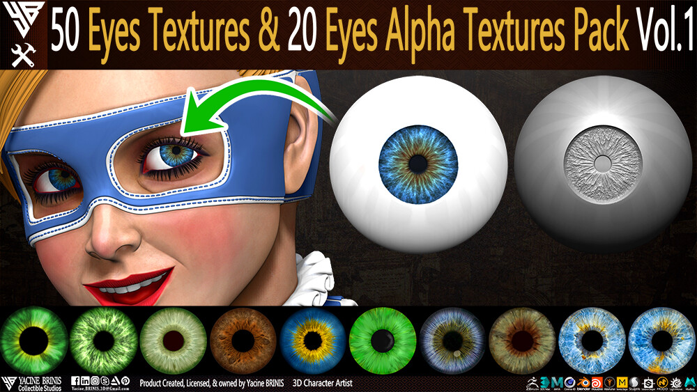 50 Eyes Textures and 20 Eyes Alpha Textures Pack Vol 01 sculpted by Yacine BRINIS Set 01