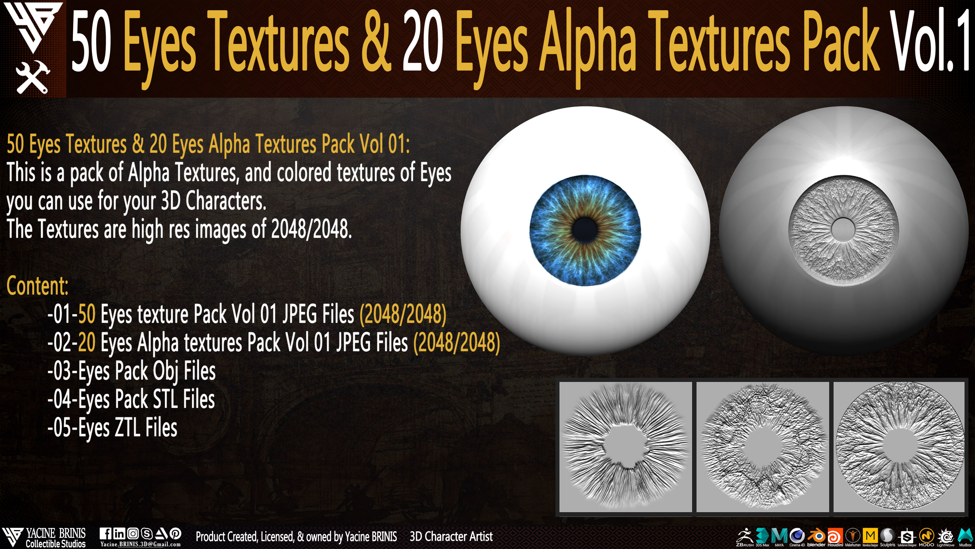 50 Eyes Textures and 20 Eyes Alpha Textures Pack Vol 01 sculpted by Yacine BRINIS Set 10