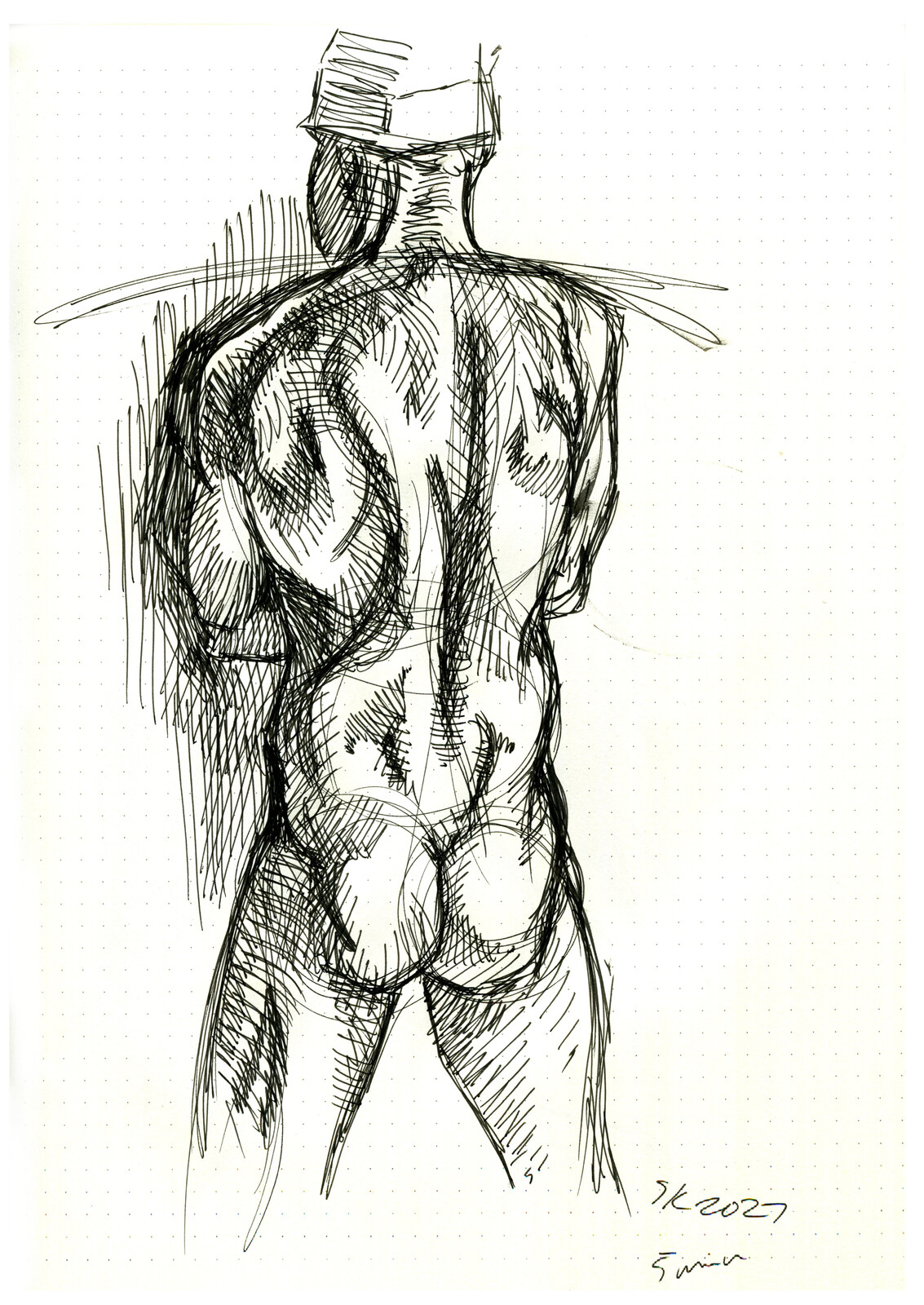 Johannes, with a back view, pen and ink in a dot grid sketchbook.