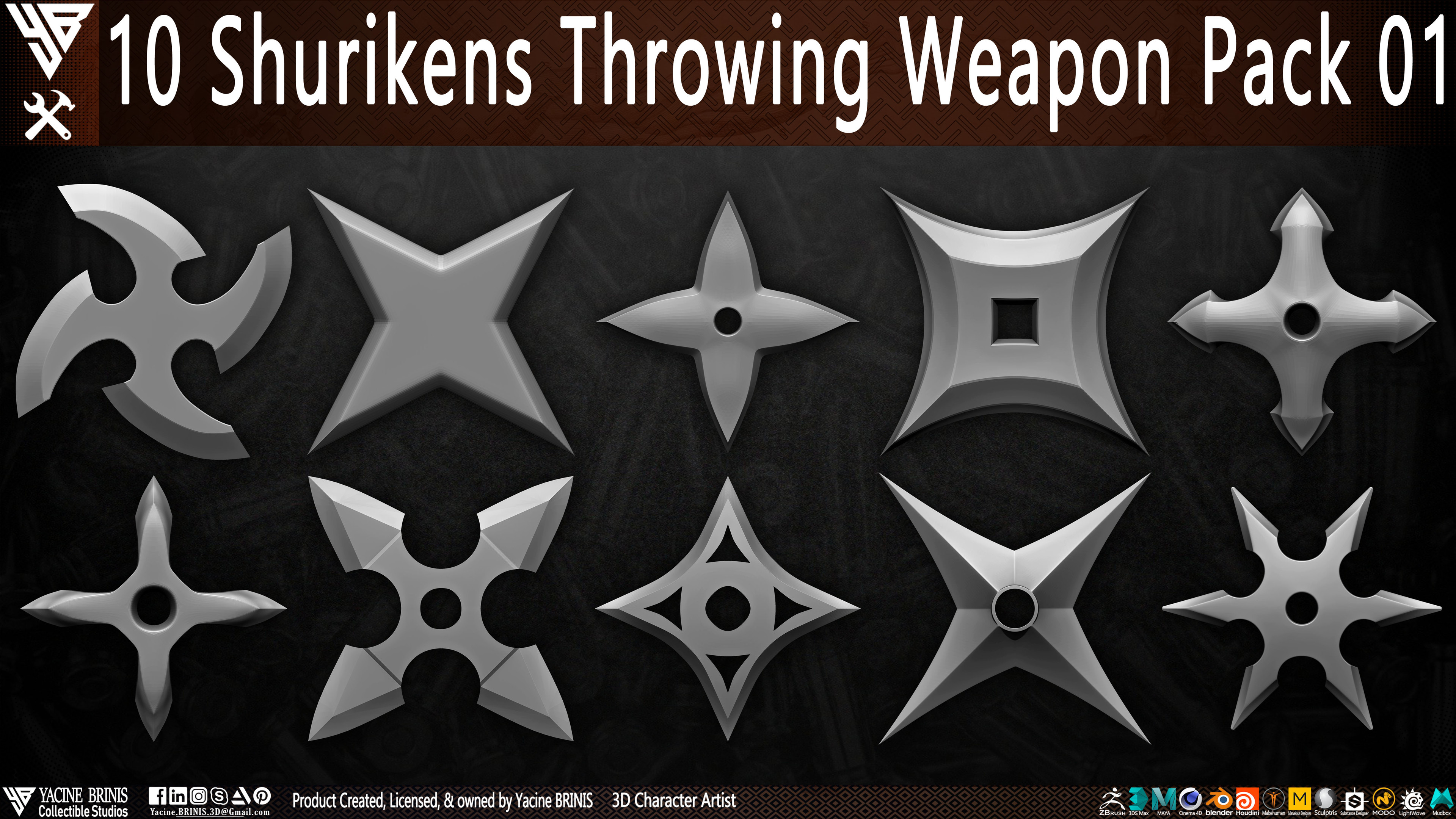 10 Shurikens Throwing Weapon Pack 01 sculpted by Yacine BRINIS Set 01