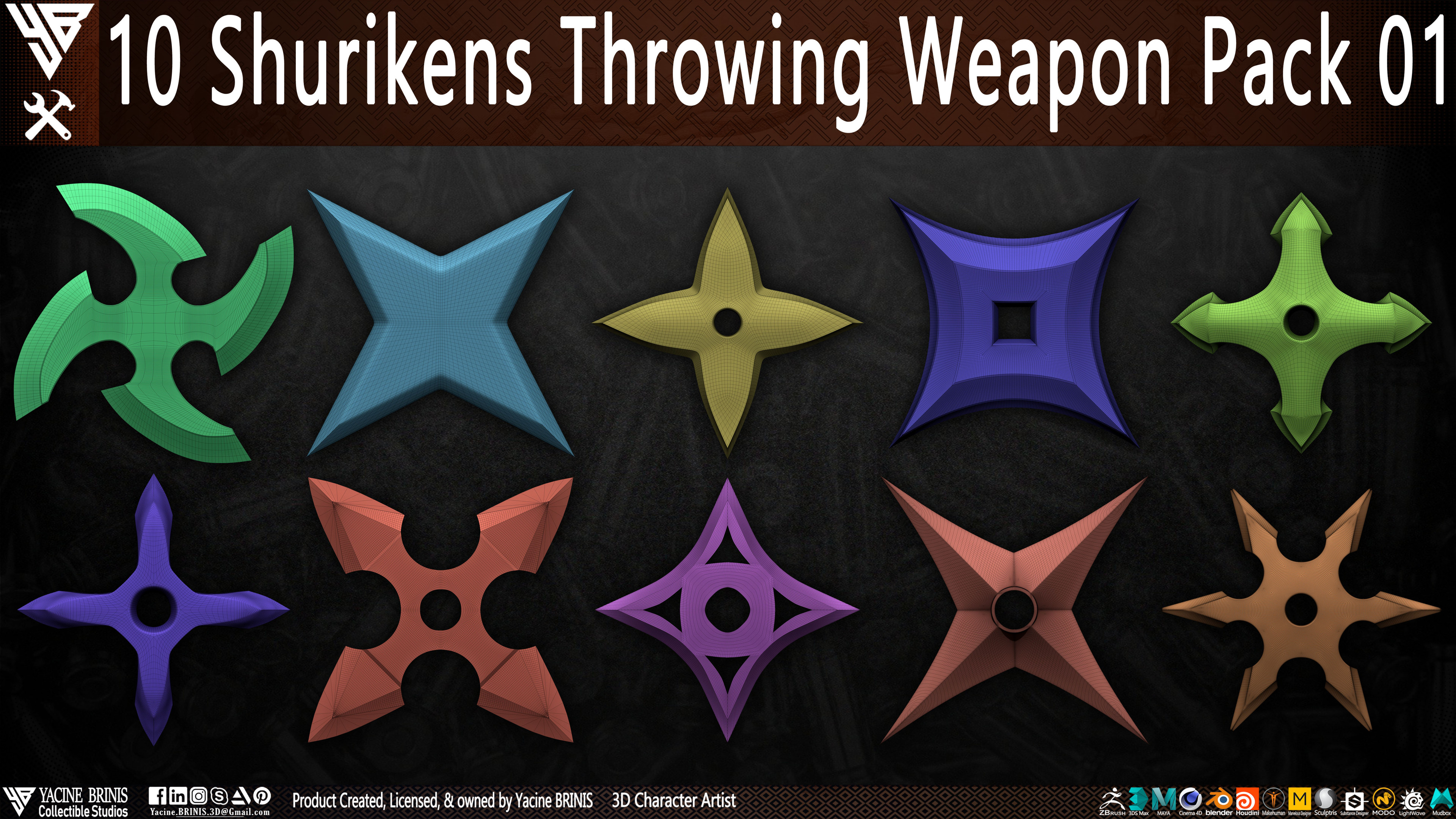 10 Shurikens Throwing Weapon Pack 01 sculpted by Yacine BRINIS Set 02