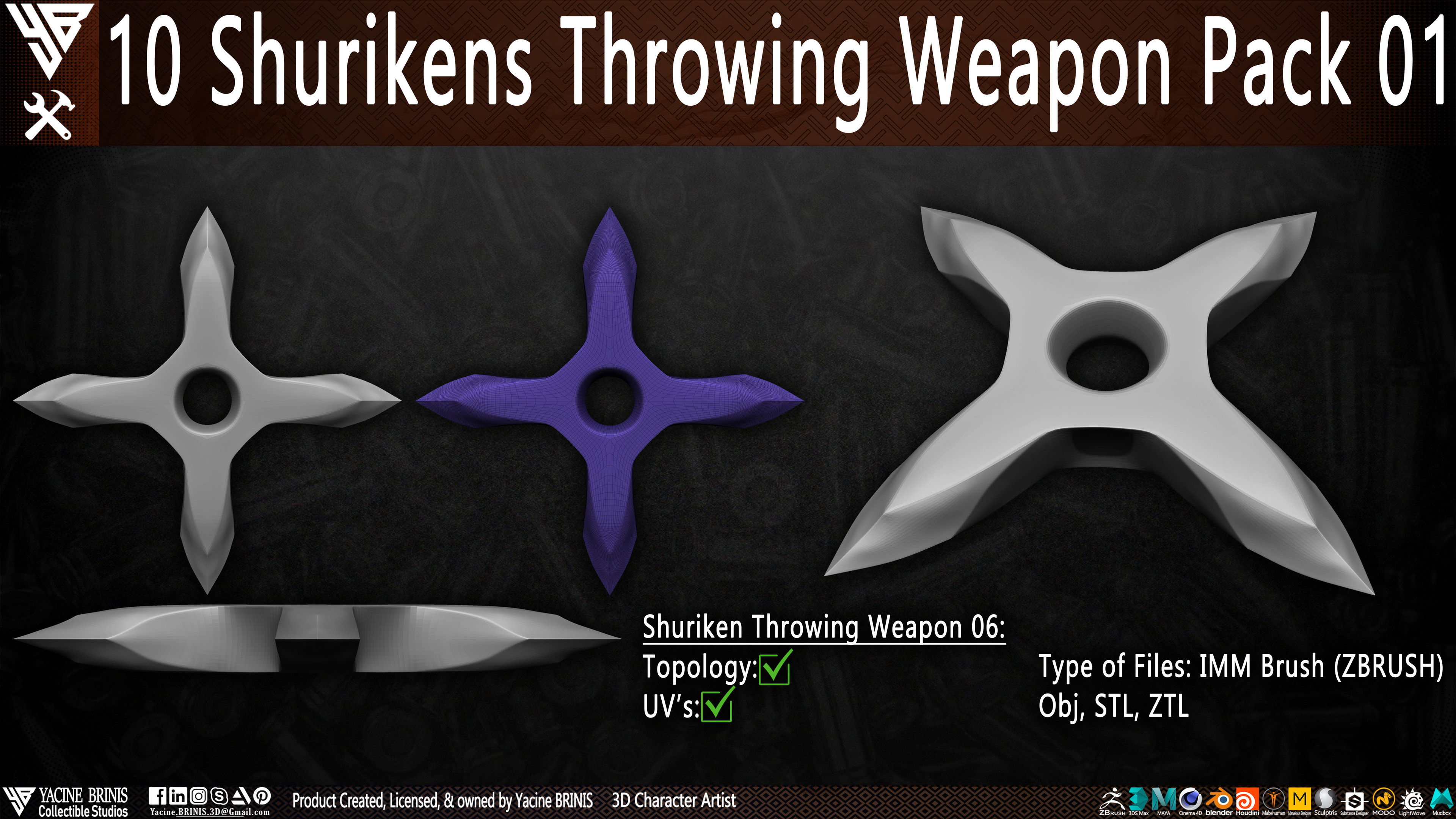 10 Shurikens Throwing Weapon Pack 01 sculpted by Yacine BRINIS Set 10