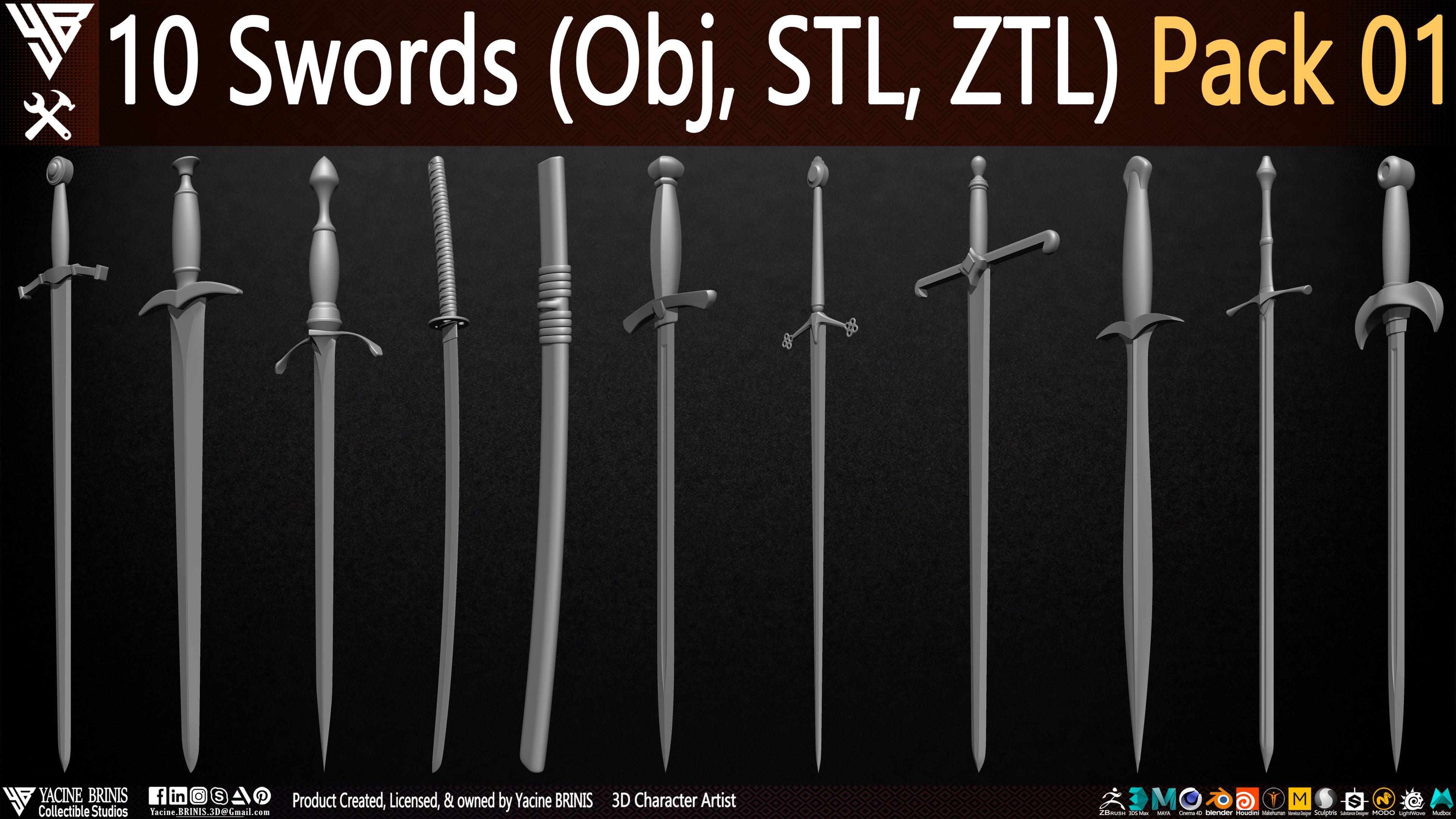 Swords Pack 01 By Yacine BRINIS (Obj, STL, ZTL) Set 002