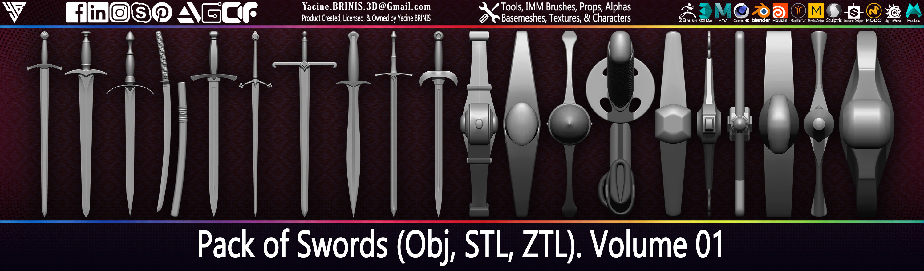 Swords Pack 01 By Yacine BRINIS (Obj, STL, ZTL) Set 005