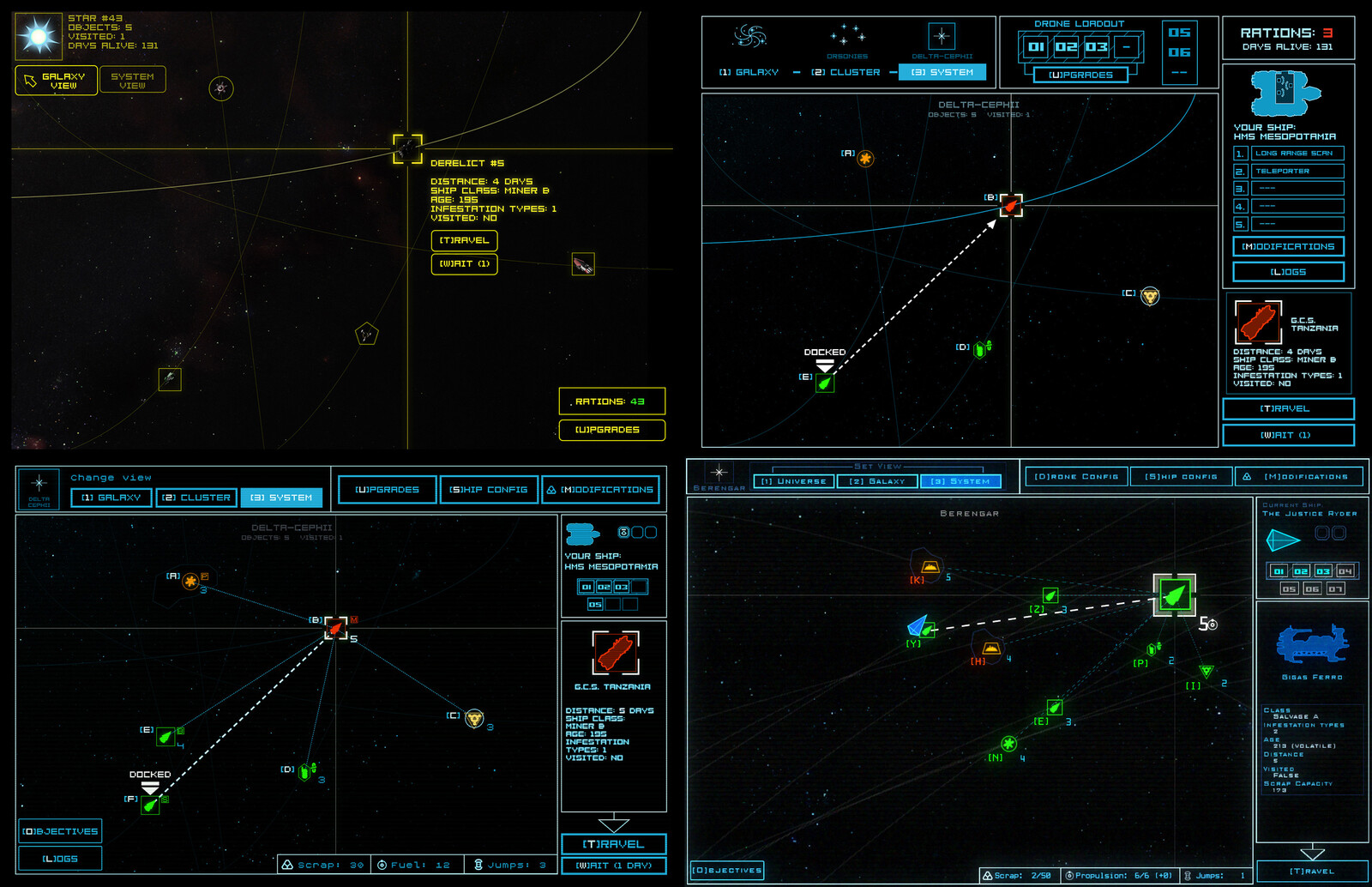 Evolution of the "galaxy map" screen from early mockup to final in-game implementation.