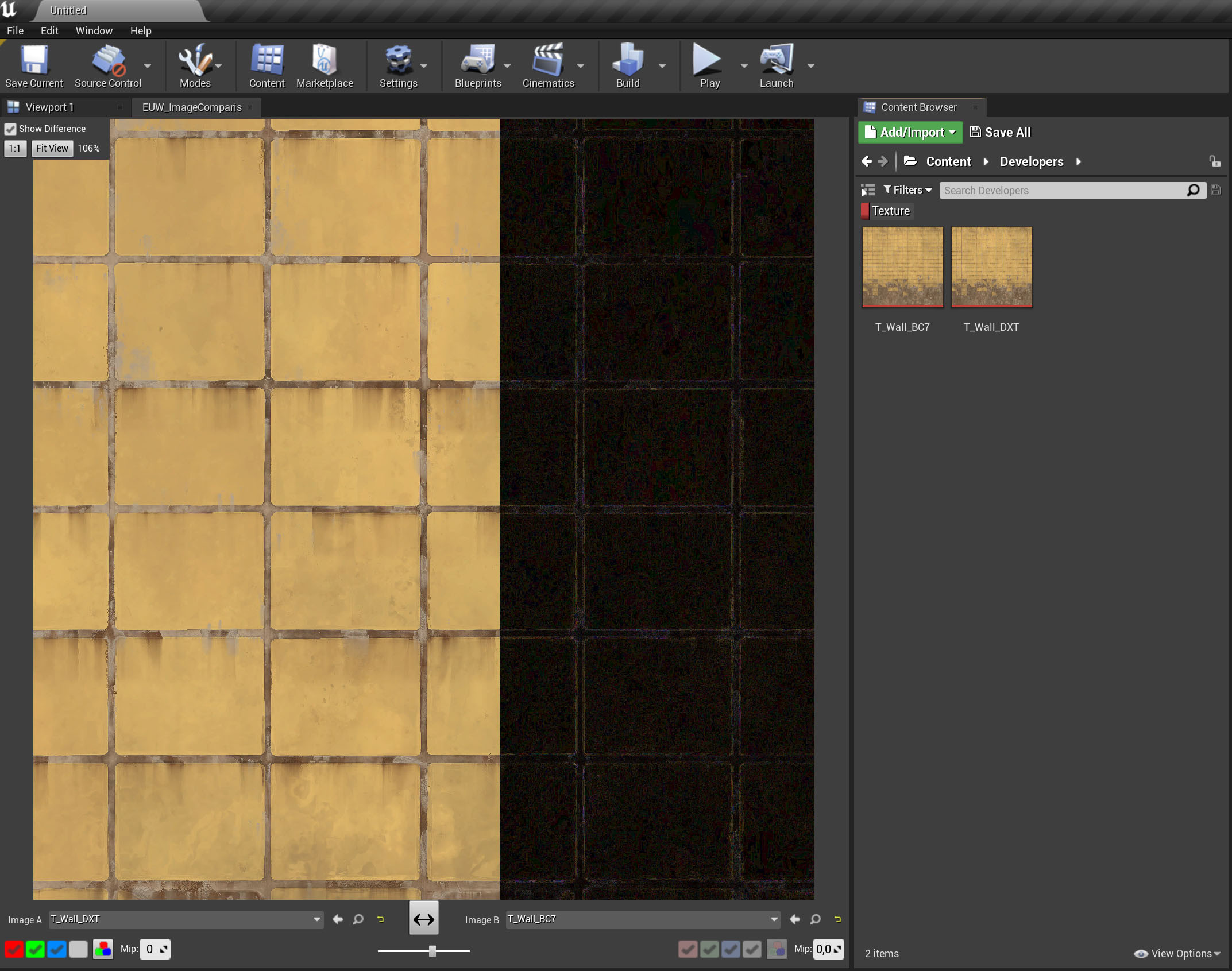 The difference view shows the differences between two differently compressed textures.