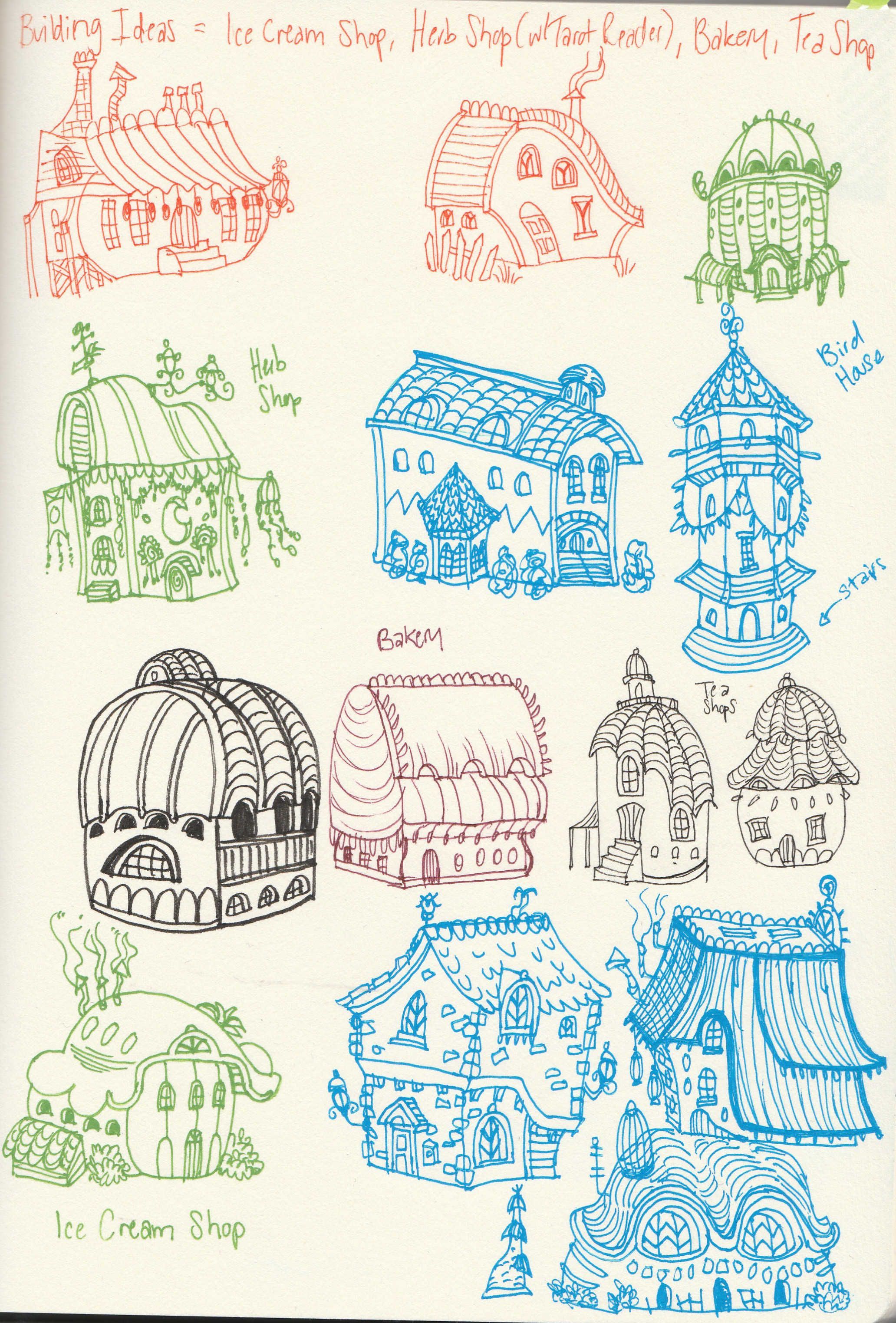 My sketches designing some of the buildings for this world. You can find the Witch's house (bottom middle), and the Willow Shop (second from the bottom right).