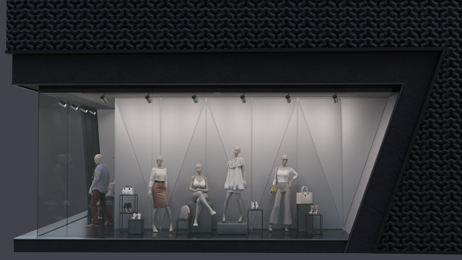 Modern Clothing Boutique Exterior with Large Window Display and