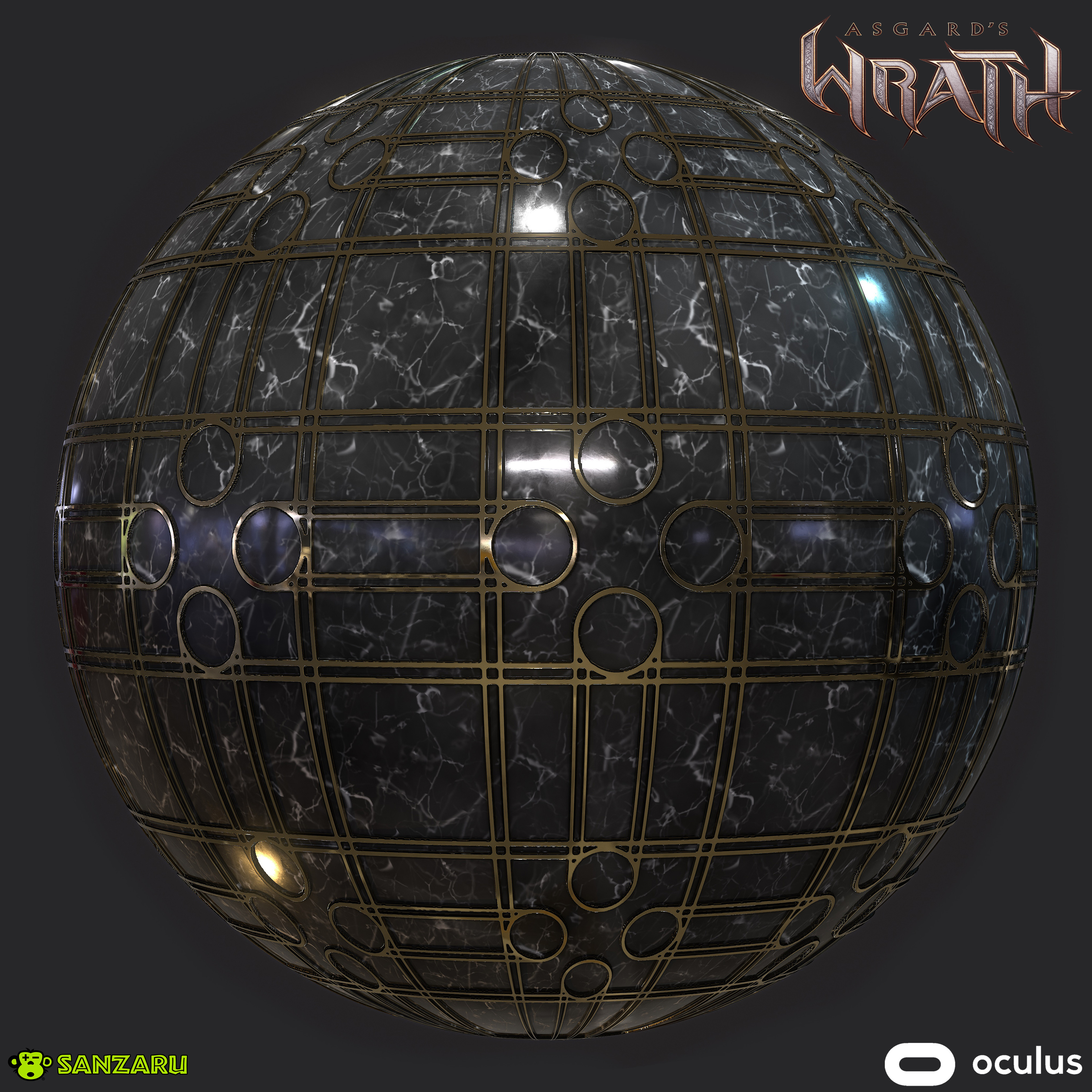 Polished Black Marble with  Asgardian Gold Pattern Overlay- A large more ornate gold pattern used variously in the Asgardian Structures used in the Prison level in the Jotenheim Realm.