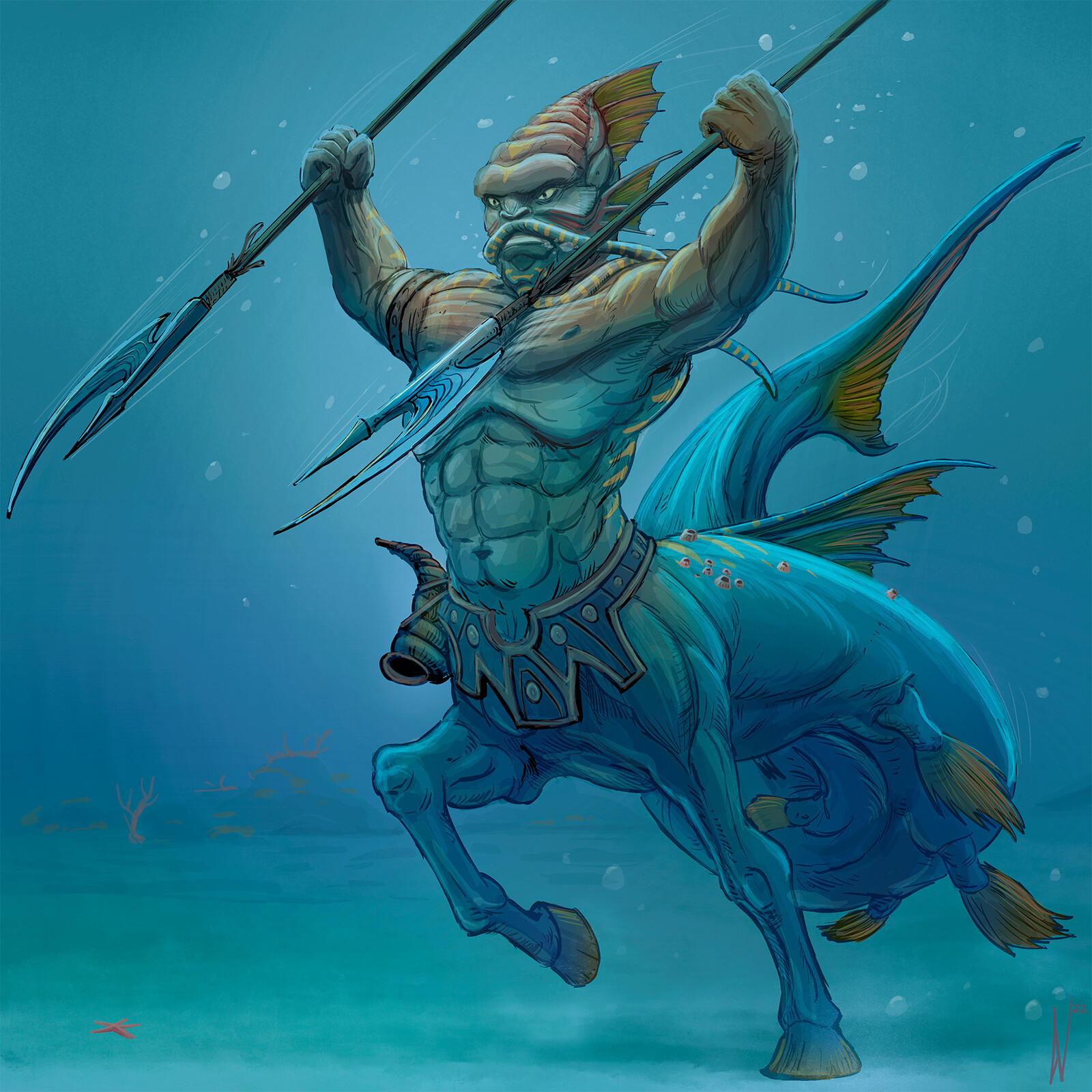 Triton - To do this, I set myself the task of following the most common description of the god Triton and giving him both the tail of a fish and the front legs of a horse. That's nonsense, but maybe he can walk on the bottom of the sea with them.