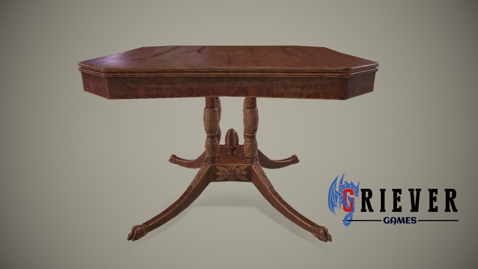 A well used ornate wooden table.