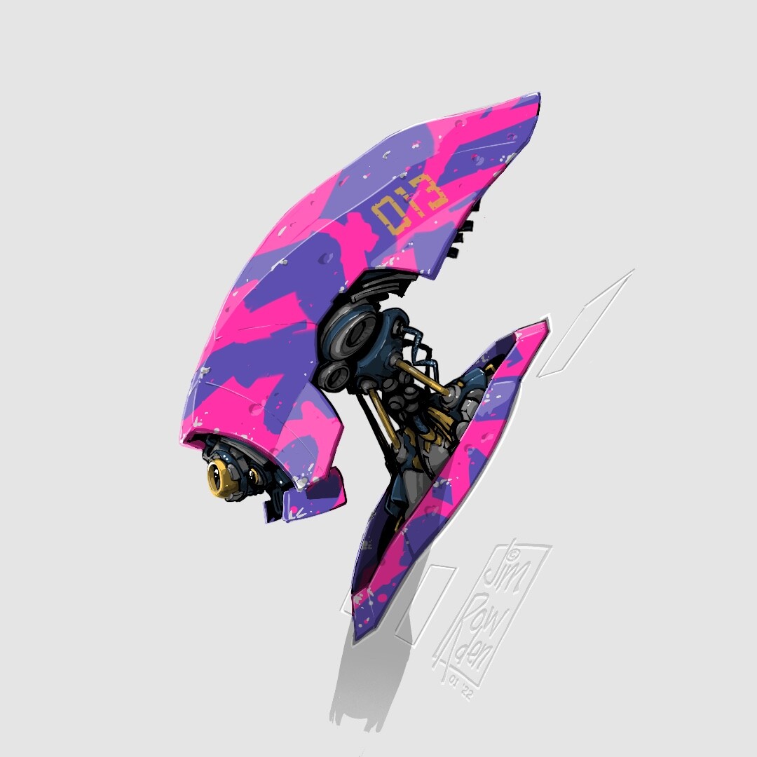 Lucky number thirteen. Started with orange, but ended up with… day glow pink? Oh well. That camo pattern will help it hide. 
Here is Robot Head 013. 