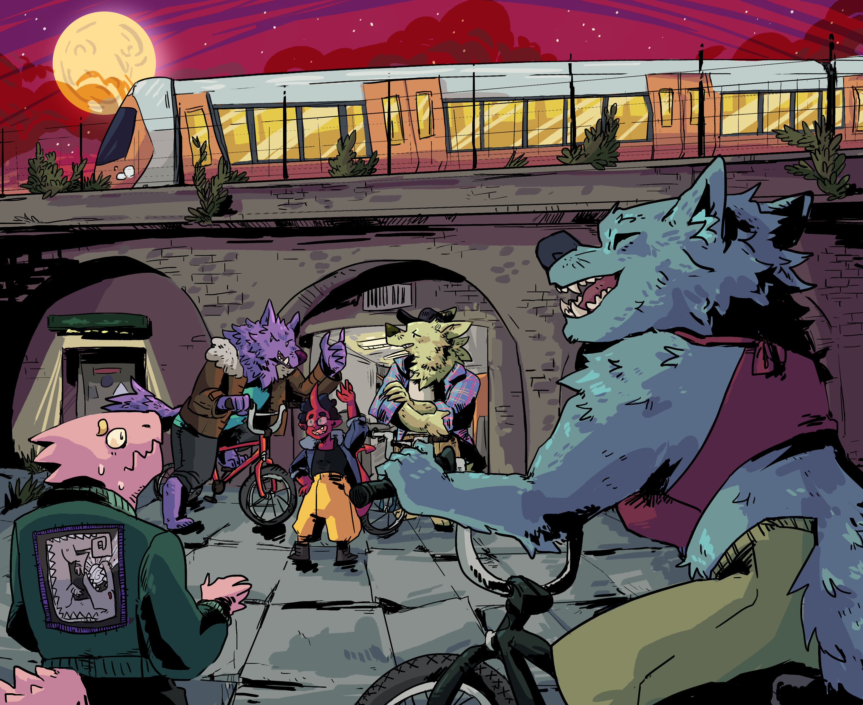 Illustration commission for client's webcomic. Werewolf BMXers designed by me