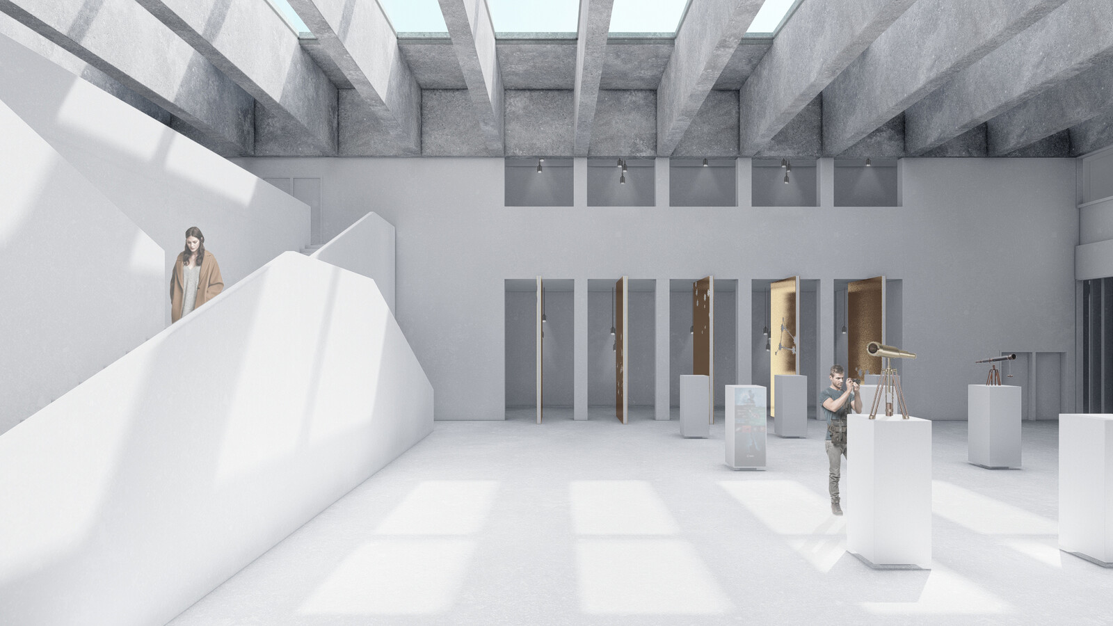 The beams and structure are kept to add an atmospheric lighting pattern.