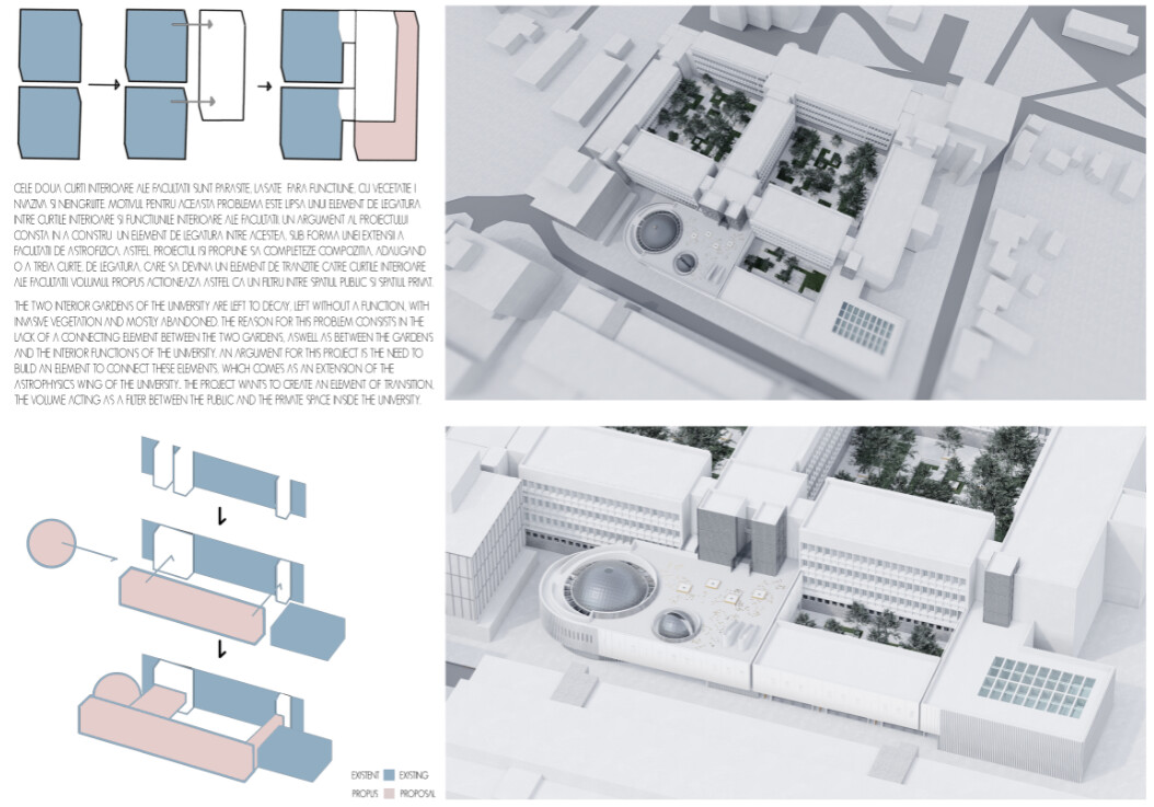 The form that the project takes, is an extension (in red throughout the project) to the existing Astrophysics University near Bucharest ( generally shown in blue throughout the presentation). This will also become the main entrance of the facility.