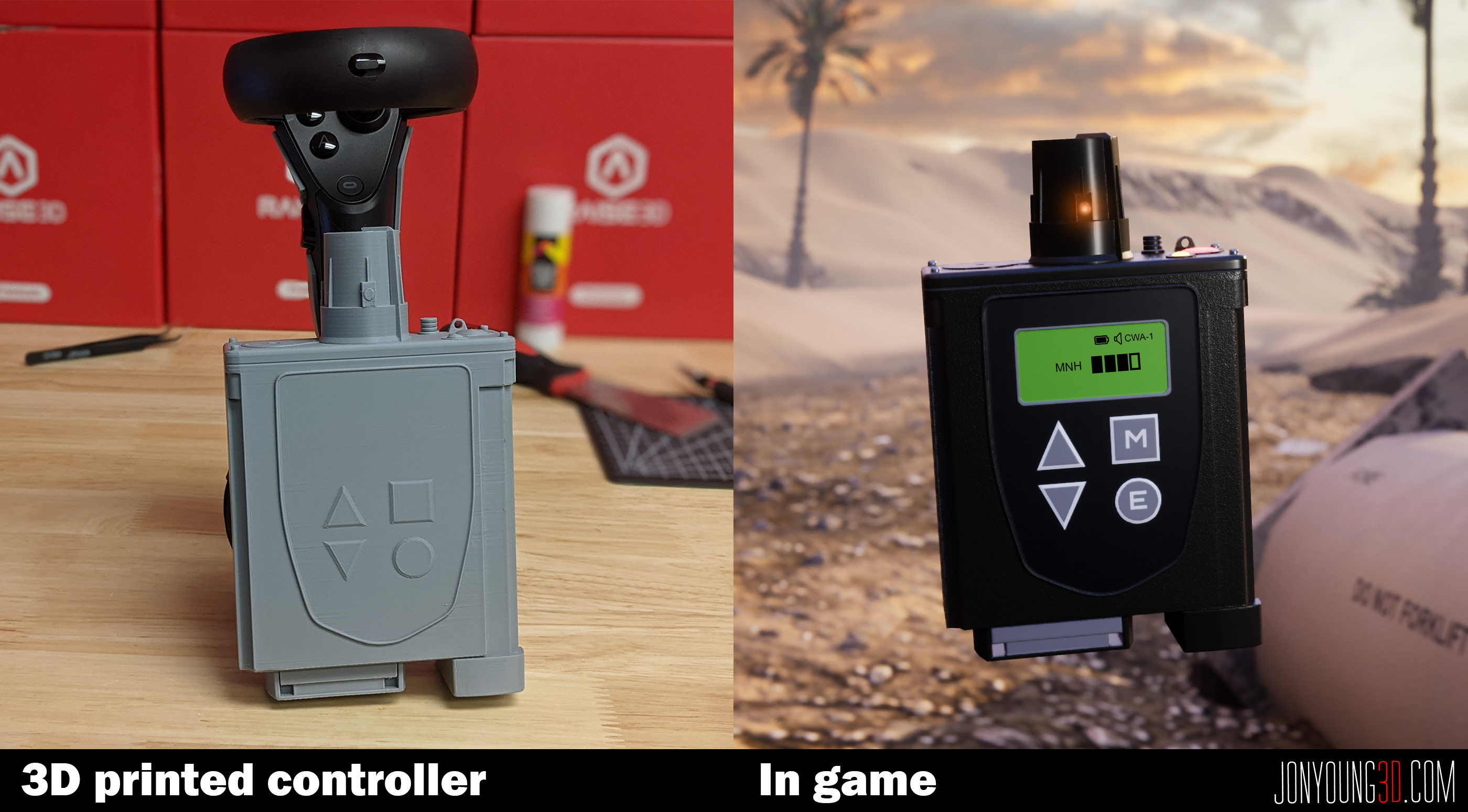 I converted this game mesh to be 3D printable and designed an integrated Quest controller holder so the user could hold the facsimile of the device for increased immersion.